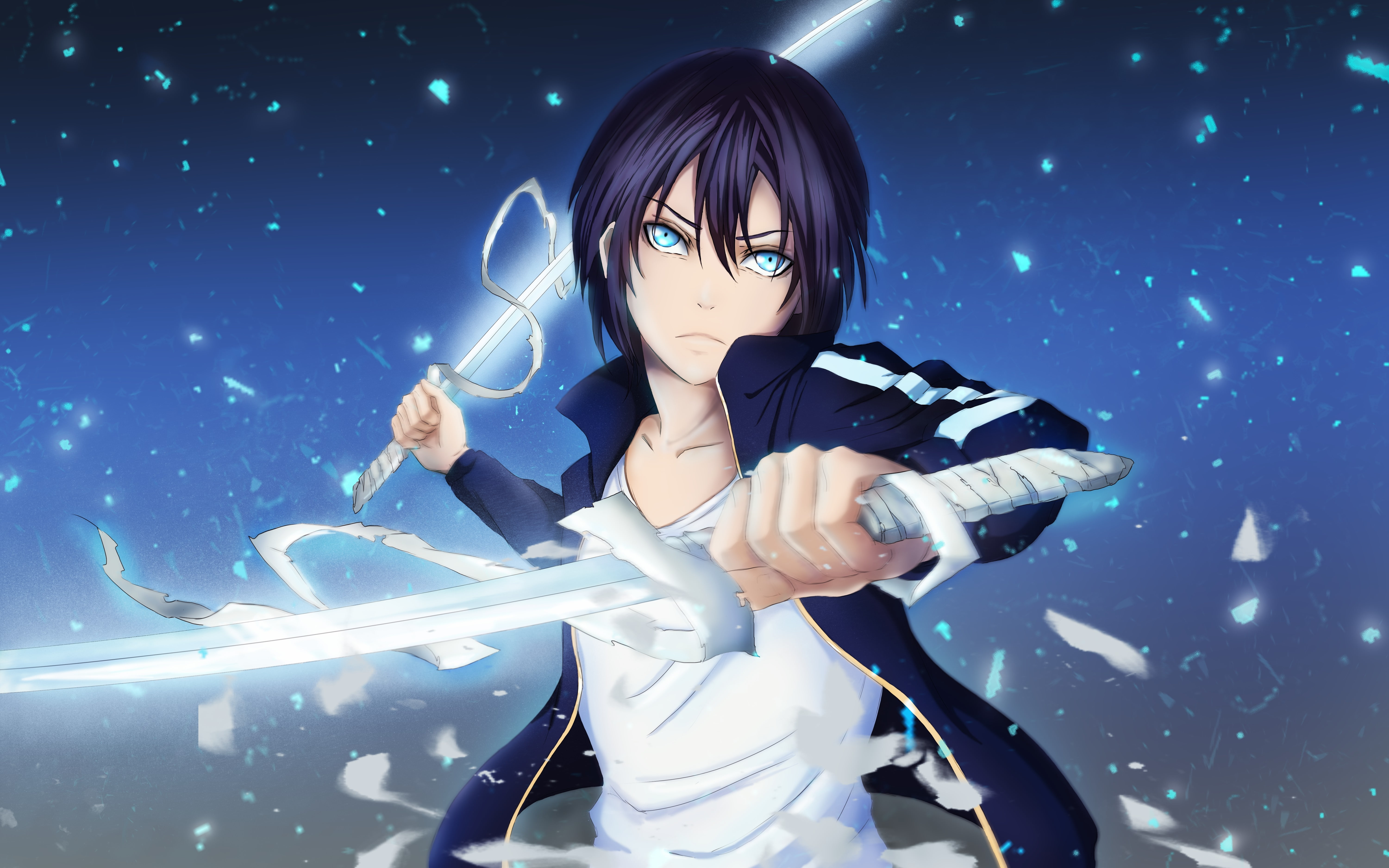 star - space, beautiful woman, blue eyes, Anime, young women, bandage, blue, three quarter length, dual sword, illuminated, digital composite, hairstyle, HD Wallpaper