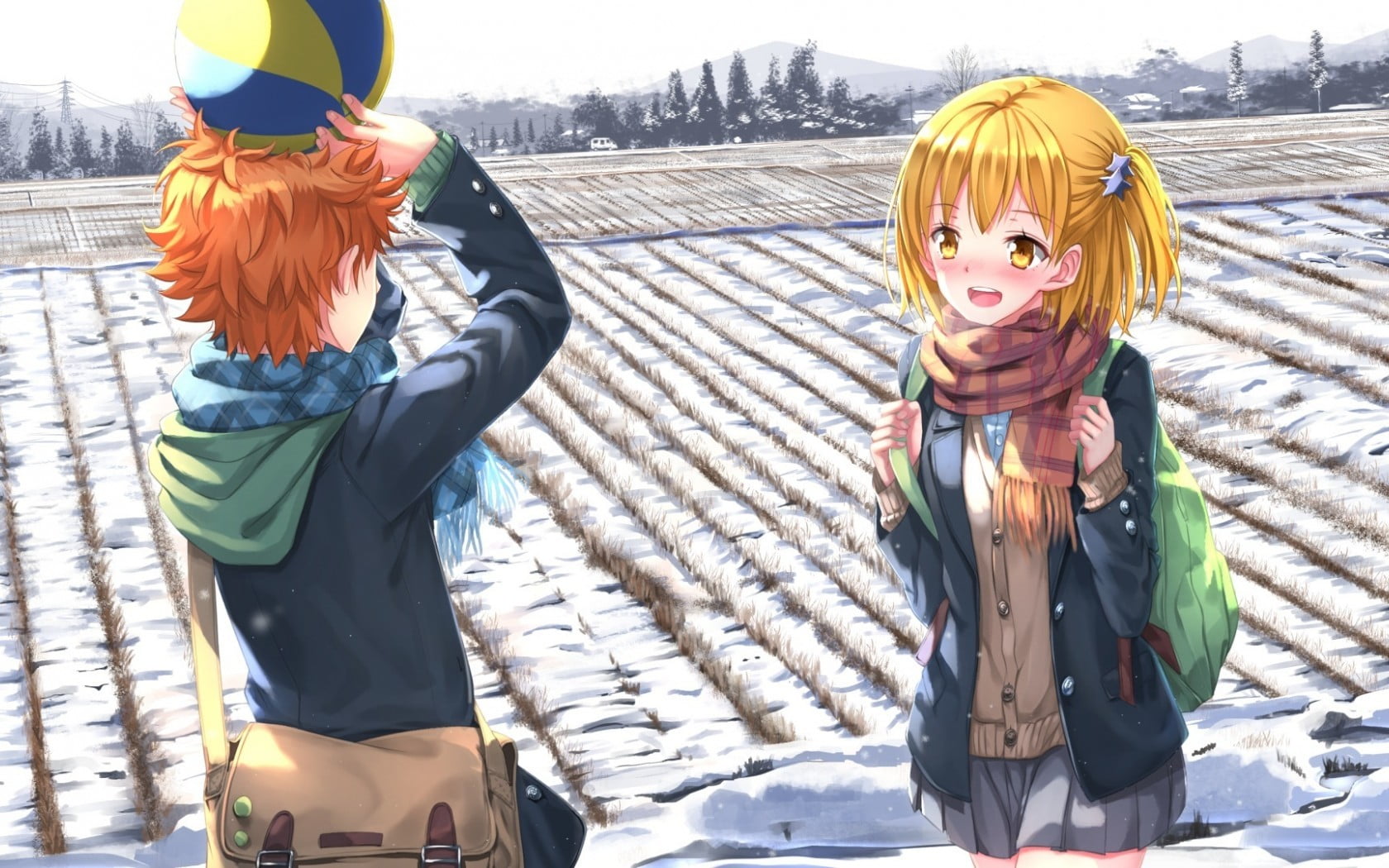 anime girls, short hair, lifestyles, clothing, cold temperature, scarf, winter, ball, child, blonde, togetherness, Haikyuu!!, bonding, sister, anime boys, HD Wallpaper