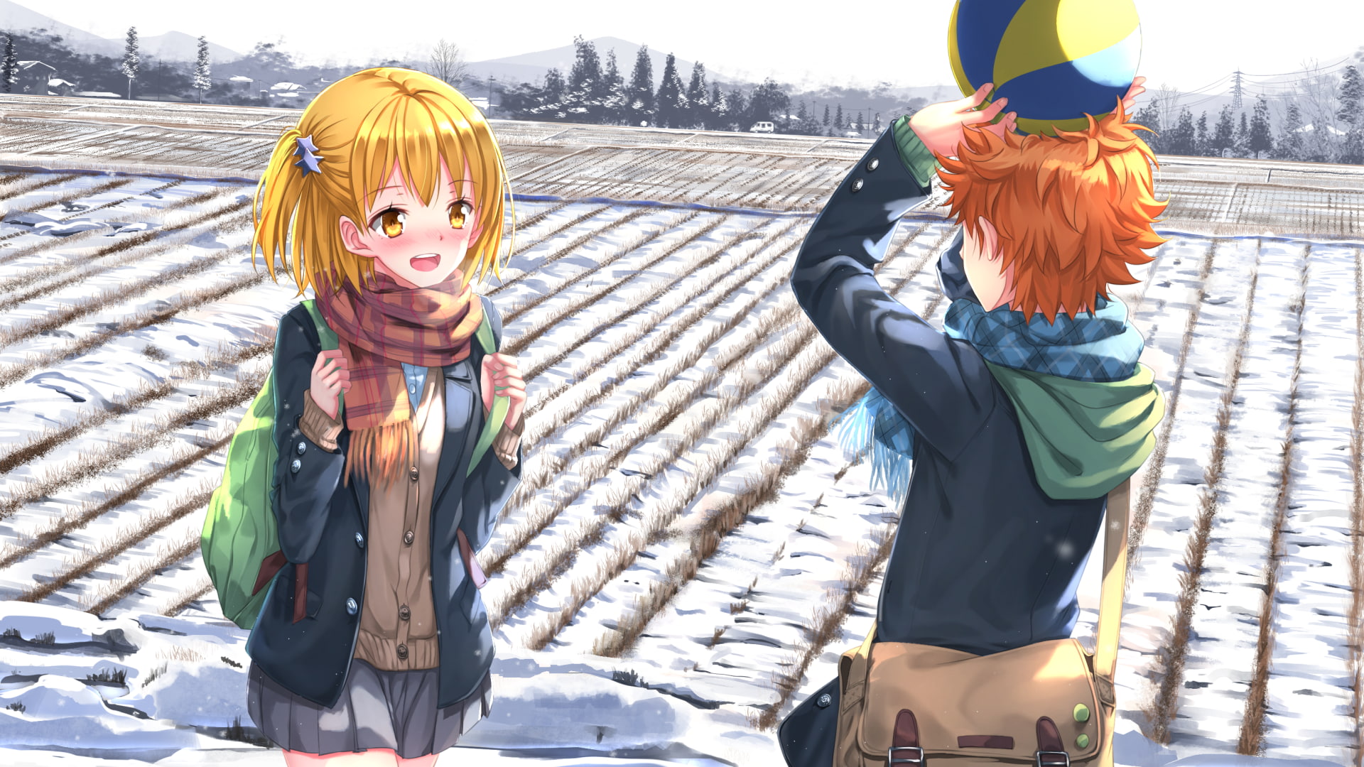 Haikyuu, ball, Short Hair, nature, warm clothing, outdoors, adult, girls, Orange Hair, Anime Girls, 1080P, standing, scarf, Yachi Hitoka, winter, Hoods, HD Wallpaper