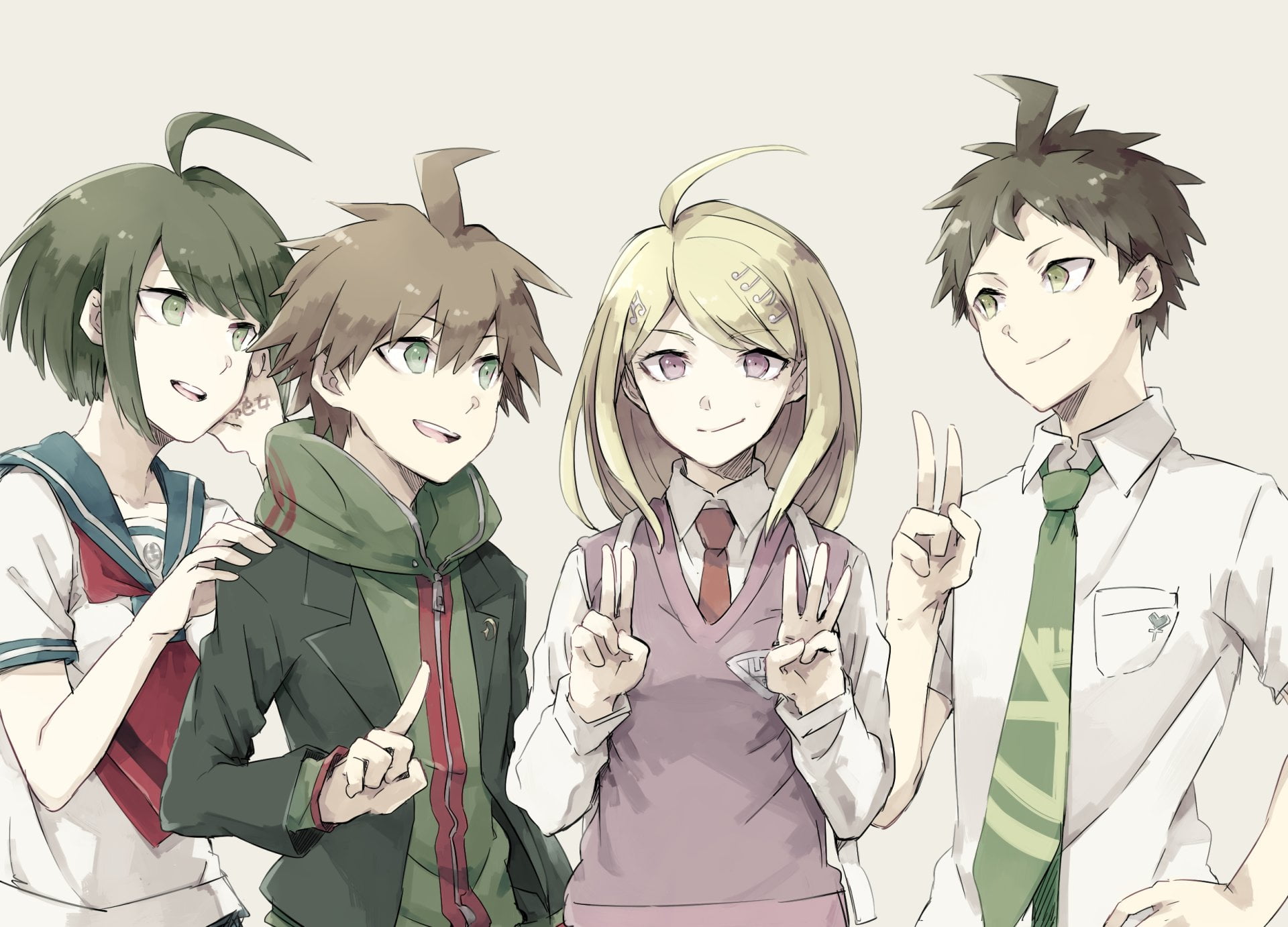 obscured face, white background, 1080P, group of people, Hajime Hinata, School Uniform, Kaede Akamatsu, representation, halloween, spooky, Girl, Green Eyes, HD Wallpaper