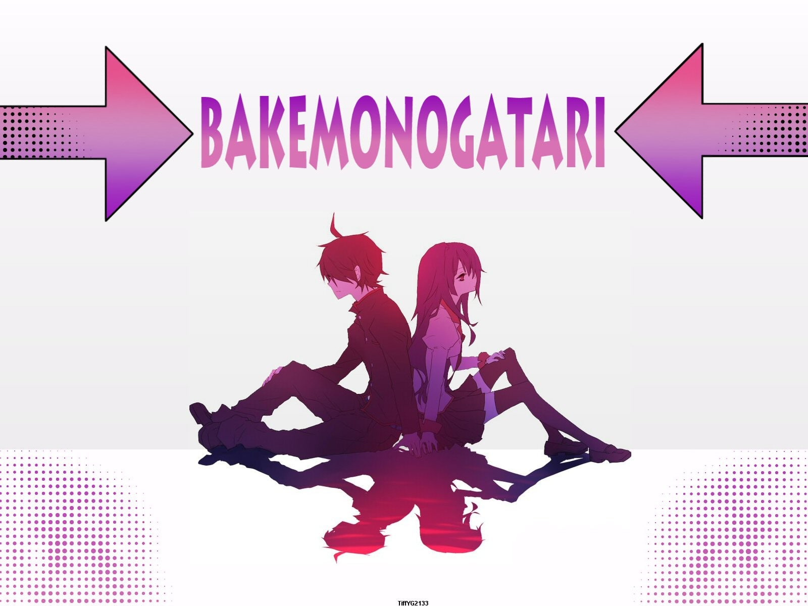 sitting, communication, 720P, Araragi Koyomi, two people, sign, studio shot, text, people, adult, direction, Senjougahara Hitagi, Monogatari Series, gesturing, HD Wallpaper