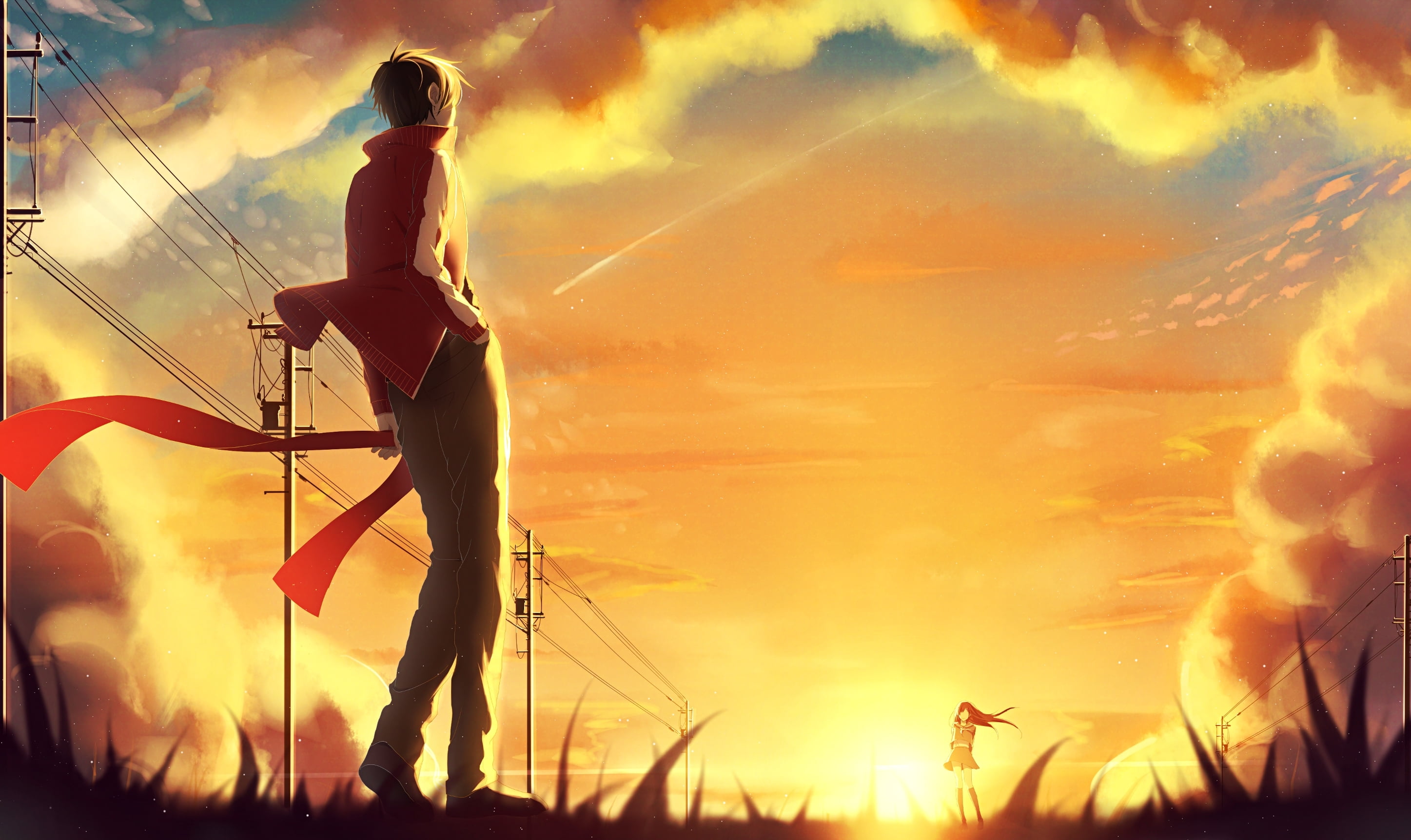 people, one Person, females, sun, backgrounds, women, sunbeam, sky, cloud - sky, characters, anime, orange Color, digital, 2K, occupation, freedom, HD Wallpaper