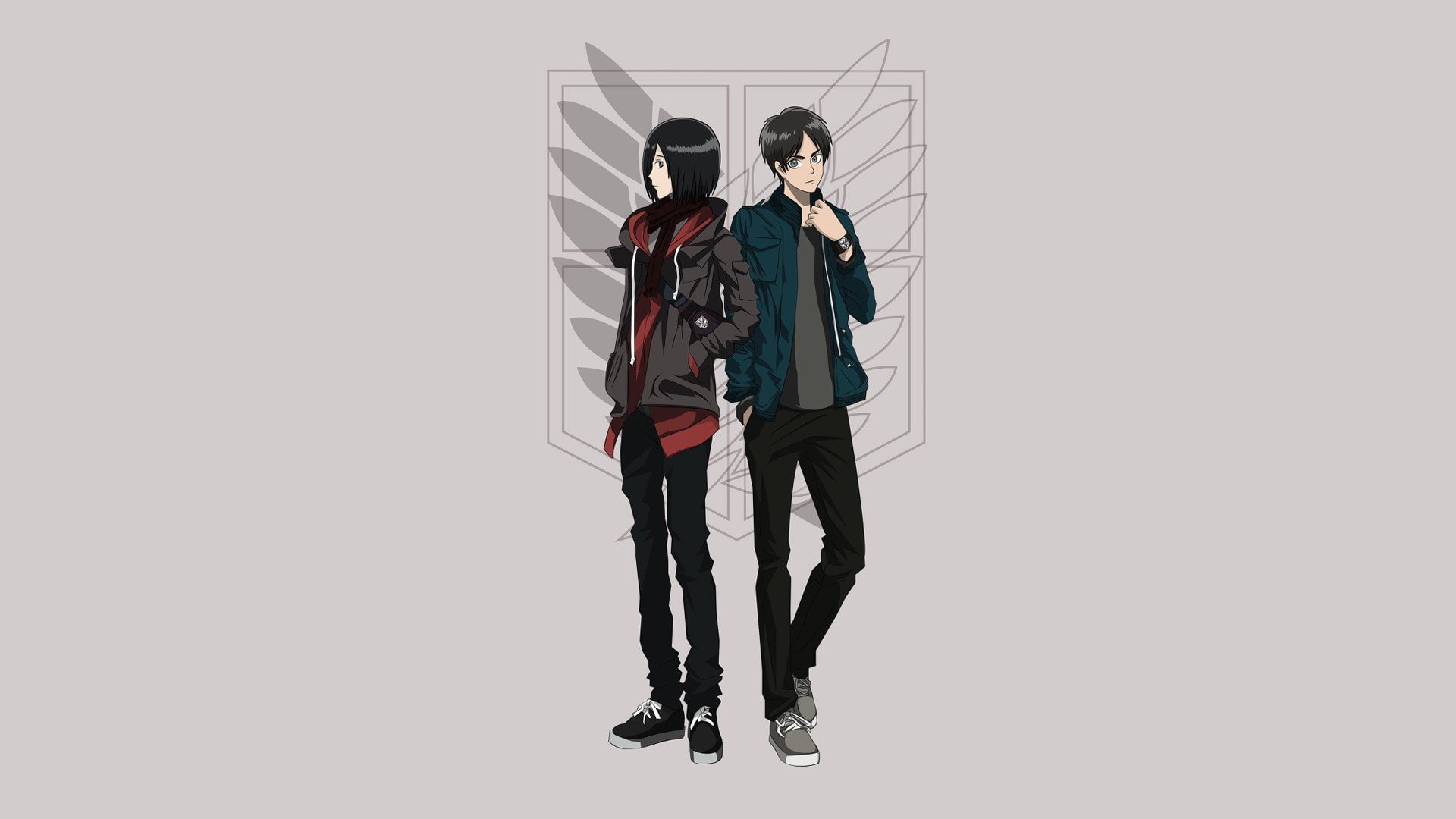 girls, shingeki, grey, mikasa, ackerman, simple, 1080P, anime, jaeger, eren, boys, background, kyojin, HD Wallpaper