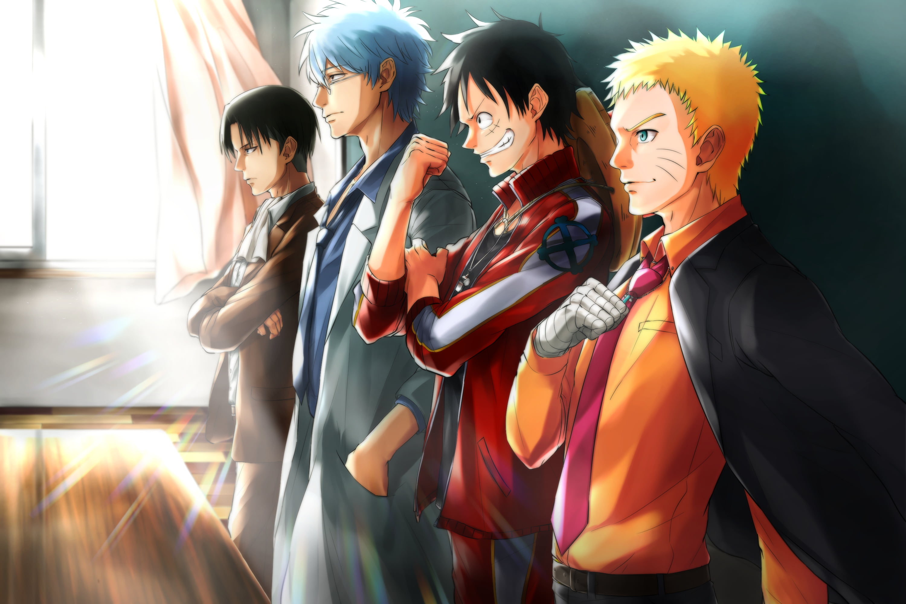 Naruto Uzumaki, Monkey D. Luffy, Naruto, Attack on Titan, Crossover, One Piece, 2K, Levi Ackerman, Anime, HD Wallpaper
