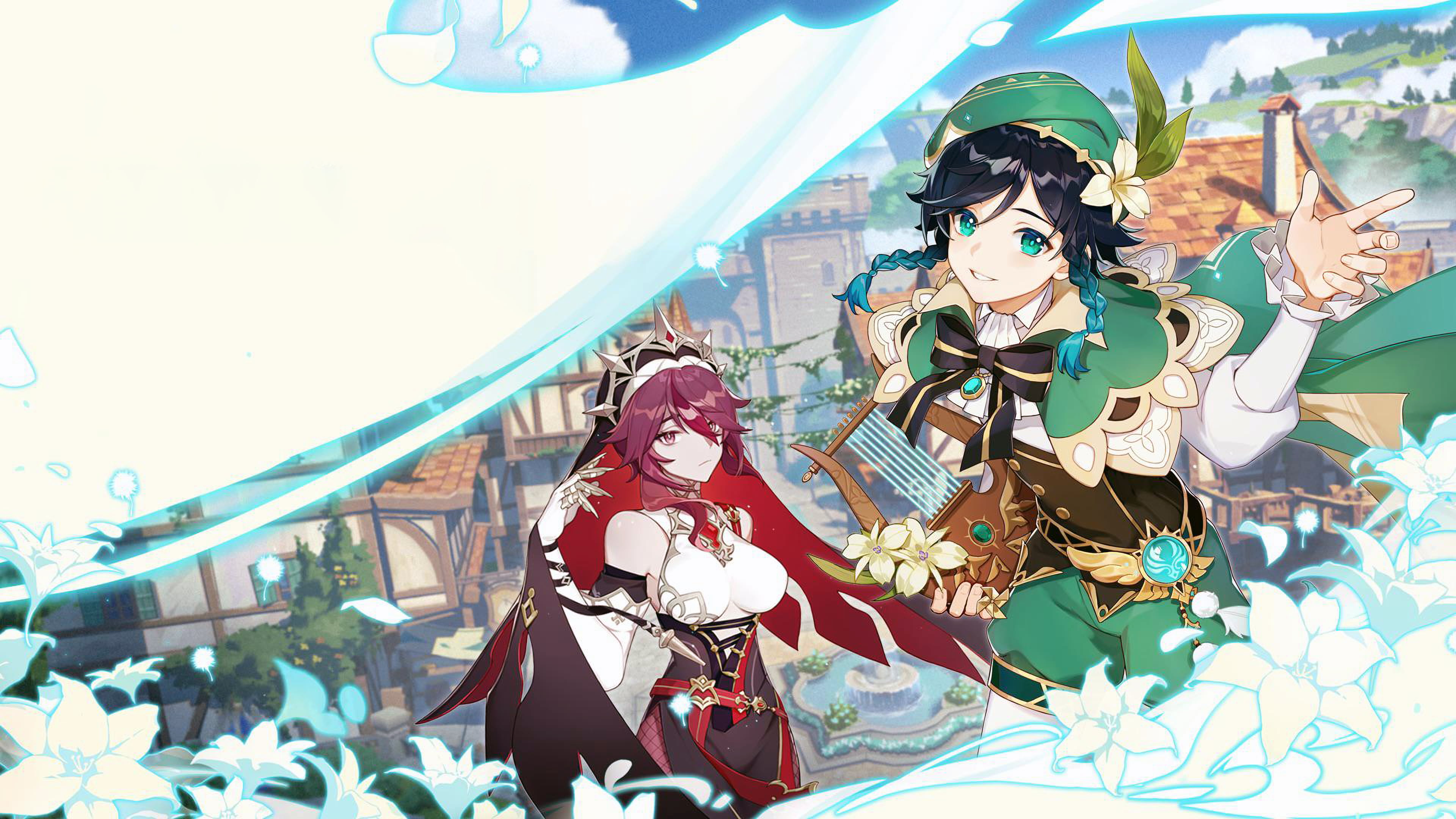 4K, Venti, anime games, artwork, Genshin Impact, Rosaria (game character), HD Wallpaper
