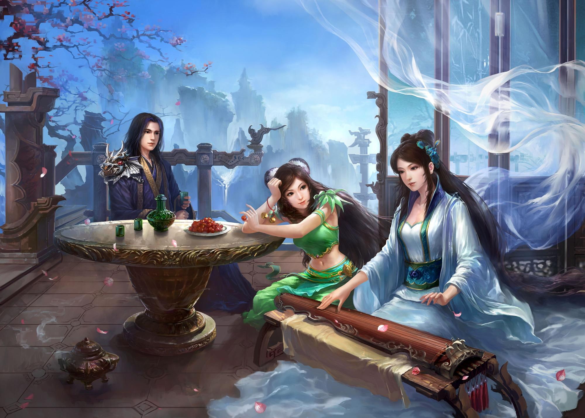 girl, 3d and abstract, instument, bard, 1080P, music, fantasy, woman, party, drinking, asian, HD Wallpaper