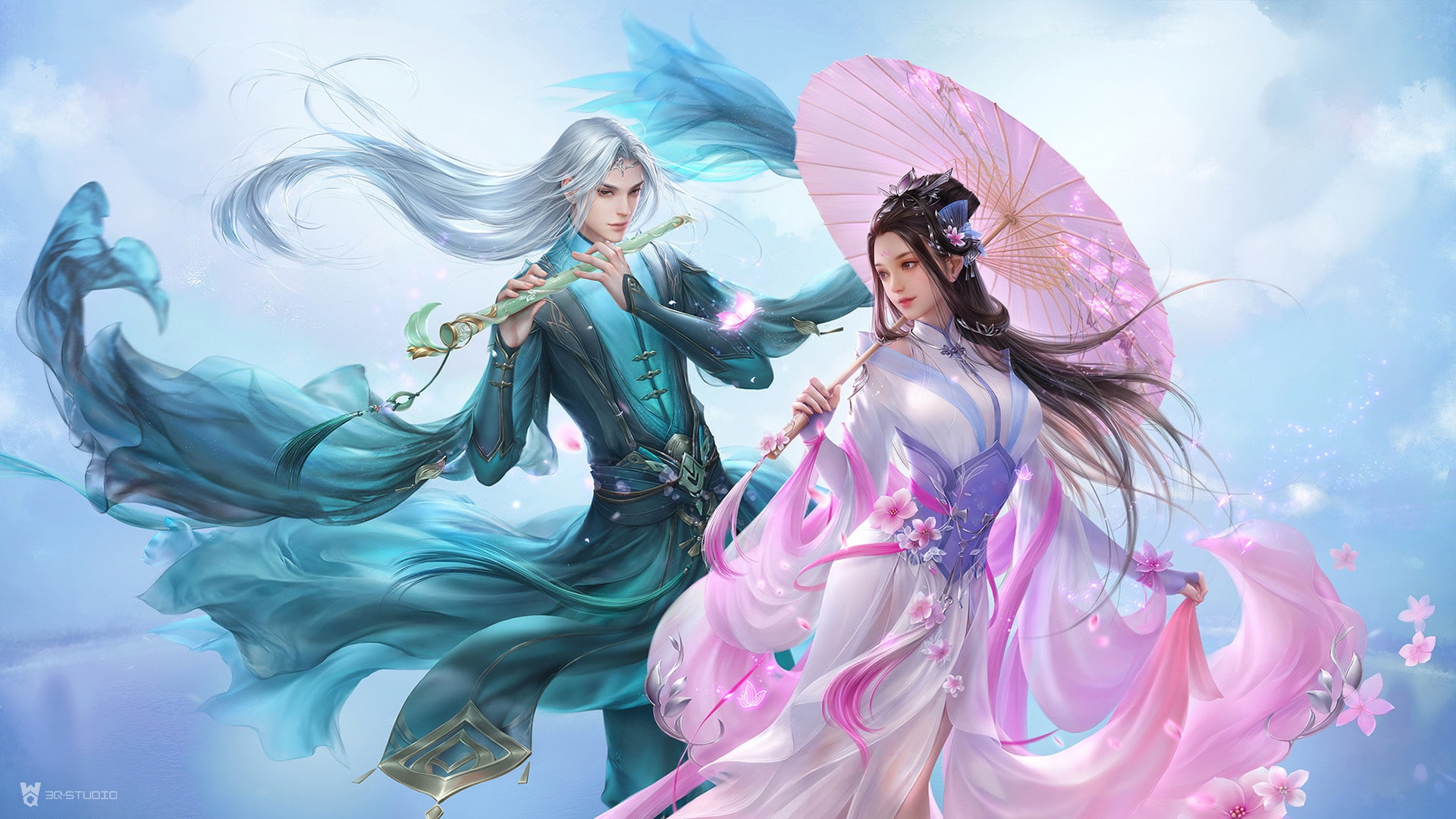art, pair, fantasy, Han Palace autumnandChiaki dream, 1080P, flowers, Sakura, bard, spring, the game, costume design, 3Q STUDIO, HD Wallpaper