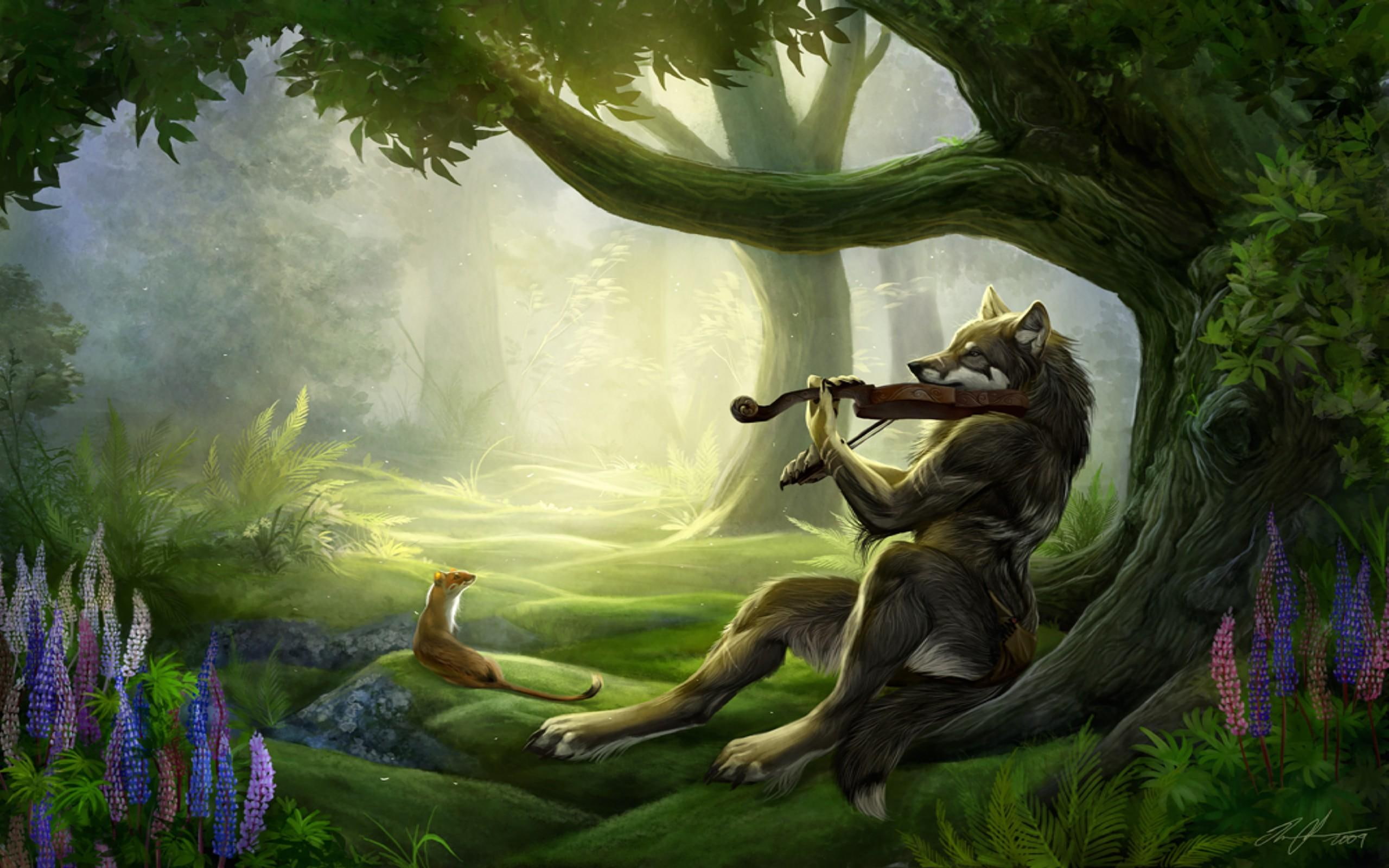 bard, music, forest, fox, 3d and abstract, sunshine, 2K, fidle, fantasy, violin, fiddle, HD Wallpaper