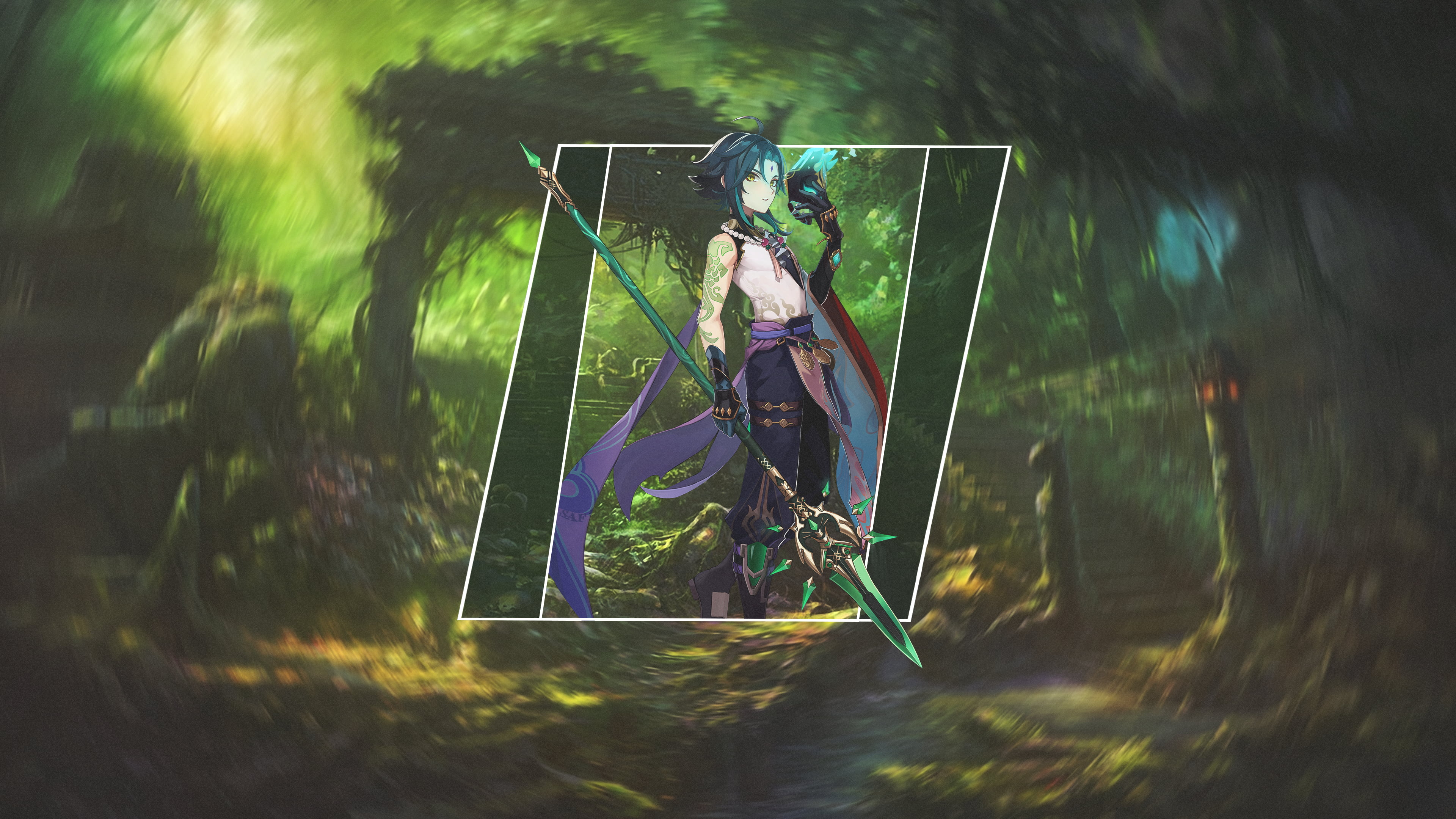 green, 4K, anime boys, picture-in-picture, forest, spear, Genshin Impact, xiao, fan art, HD Wallpaper