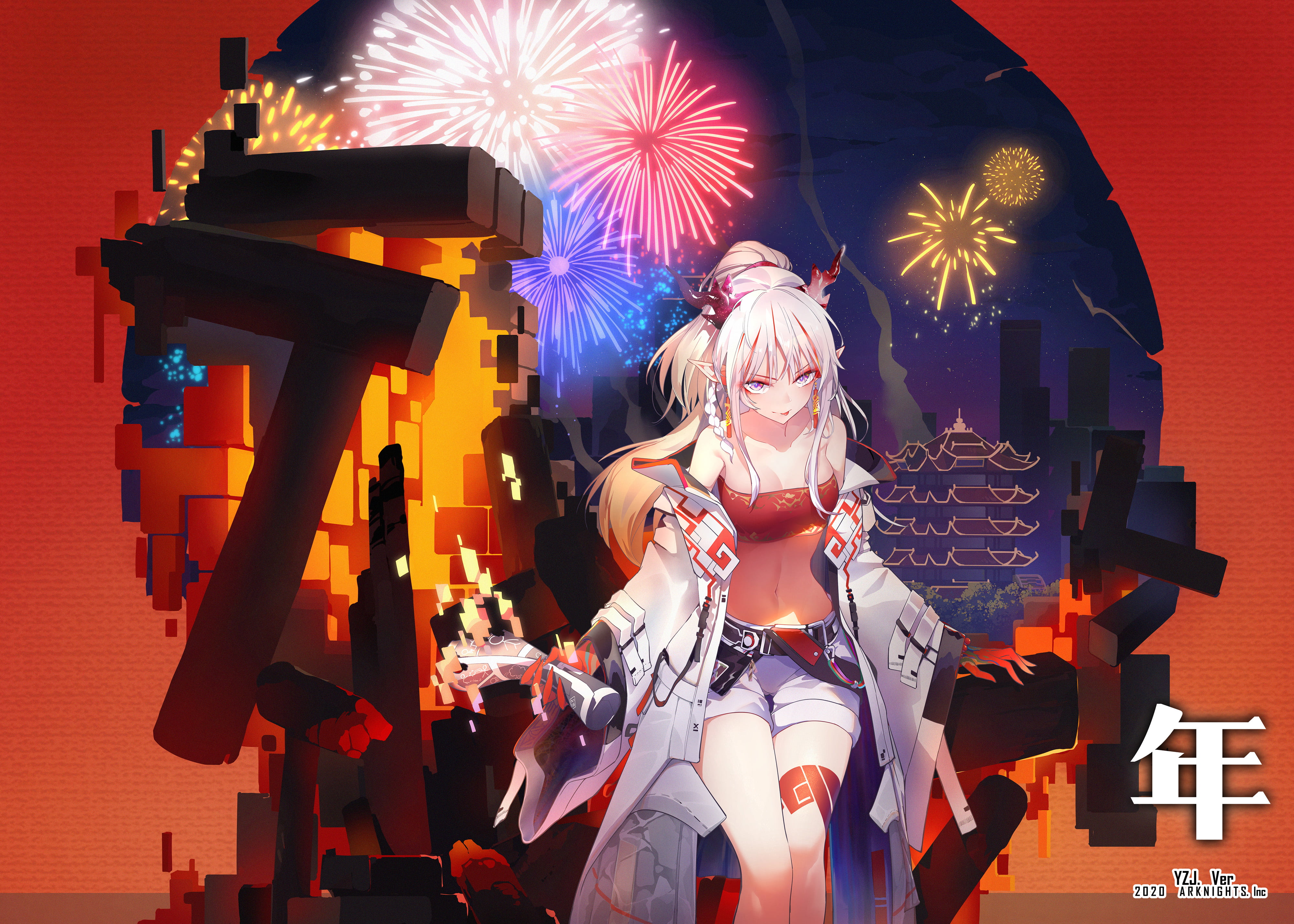 ponytail, white hair, purple eyes, Arknights, belly, horns, long hair, 4K, HD Wallpaper
