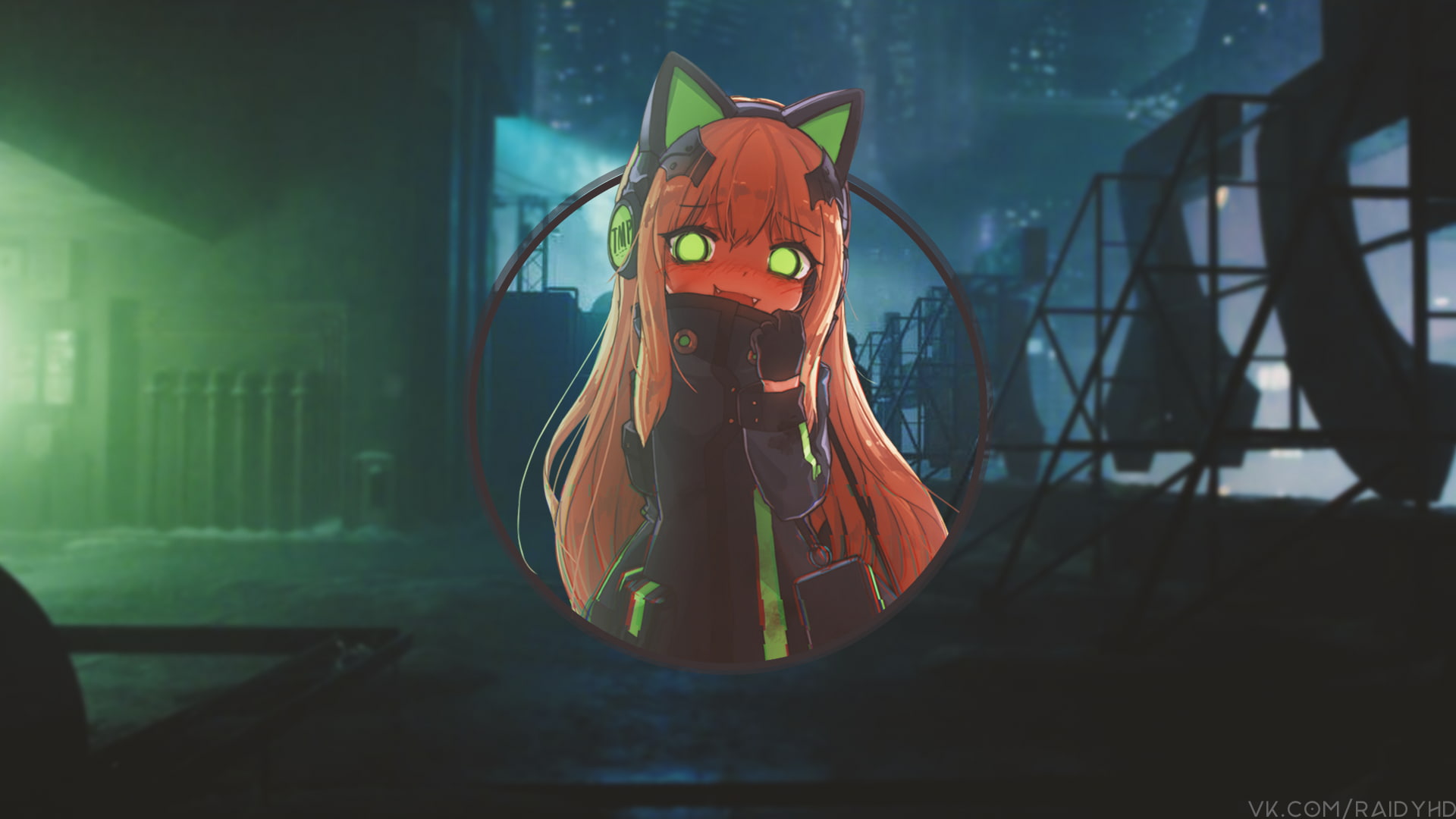 1080P, anime, cyberpunk, headphones, picture-in-picture, anime girls, HD Wallpaper