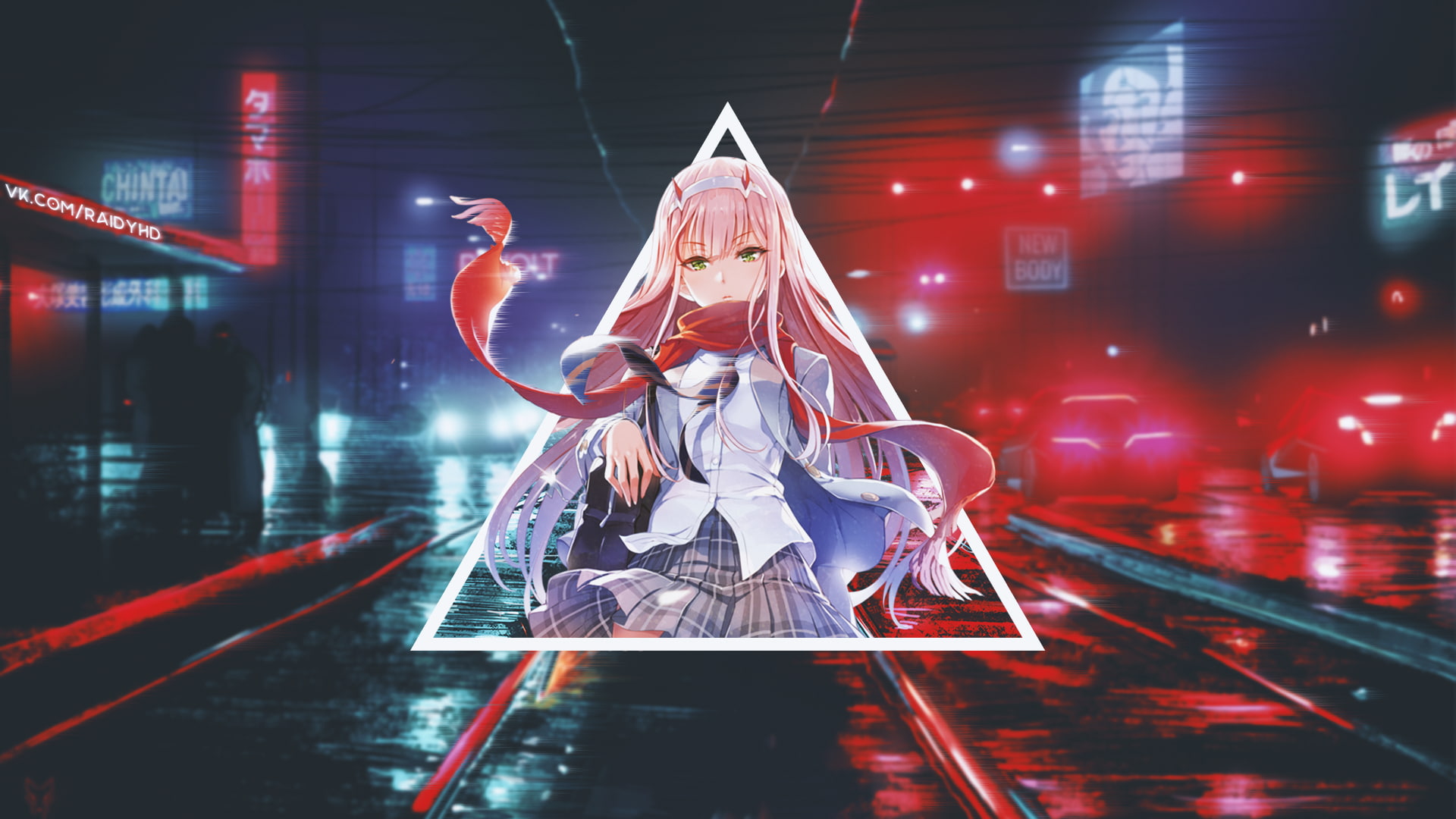 anime, anime girls, cyberpunk, 1080P, Zero Two (Darling in the FranXX), Darling in the FranXX, picture-in-picture, HD Wallpaper