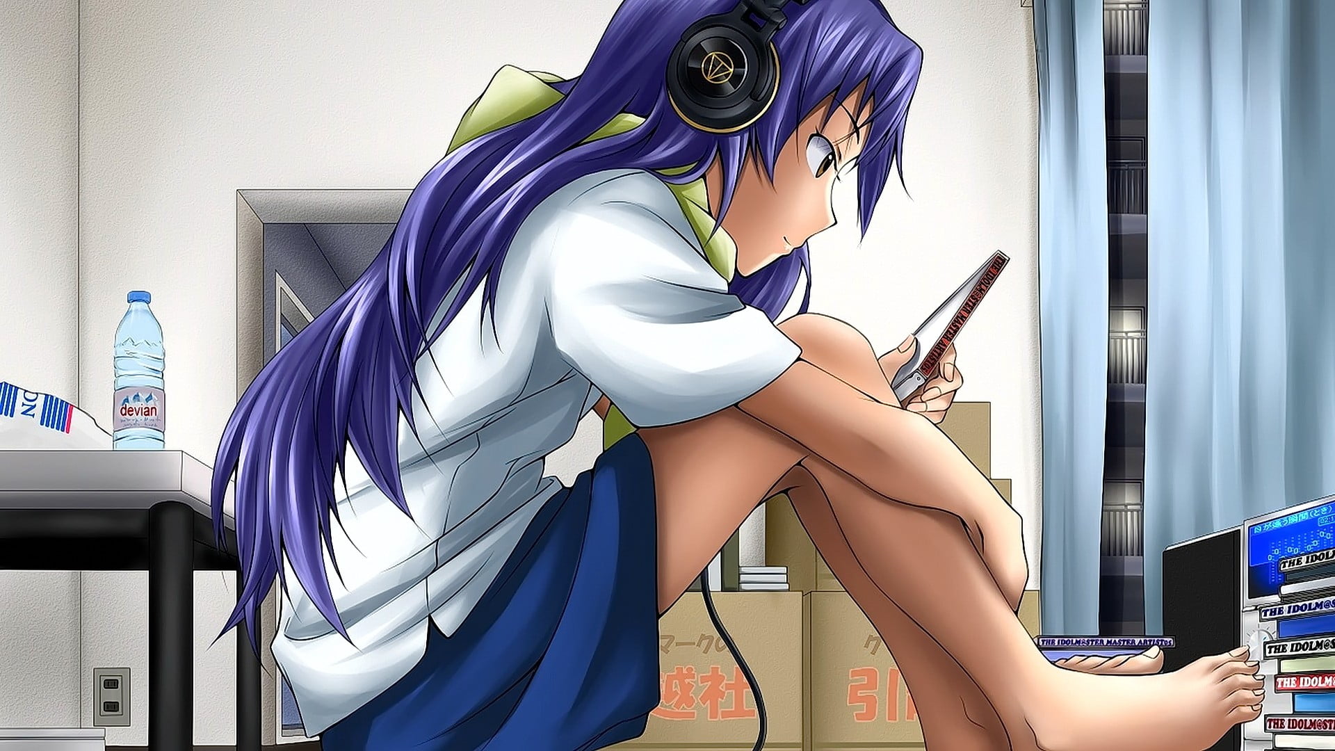 looking away, headsets, yellow eyes, anime girls, long hair, 1080P, school uniform, sitting, blue hair, anime, HD Wallpaper