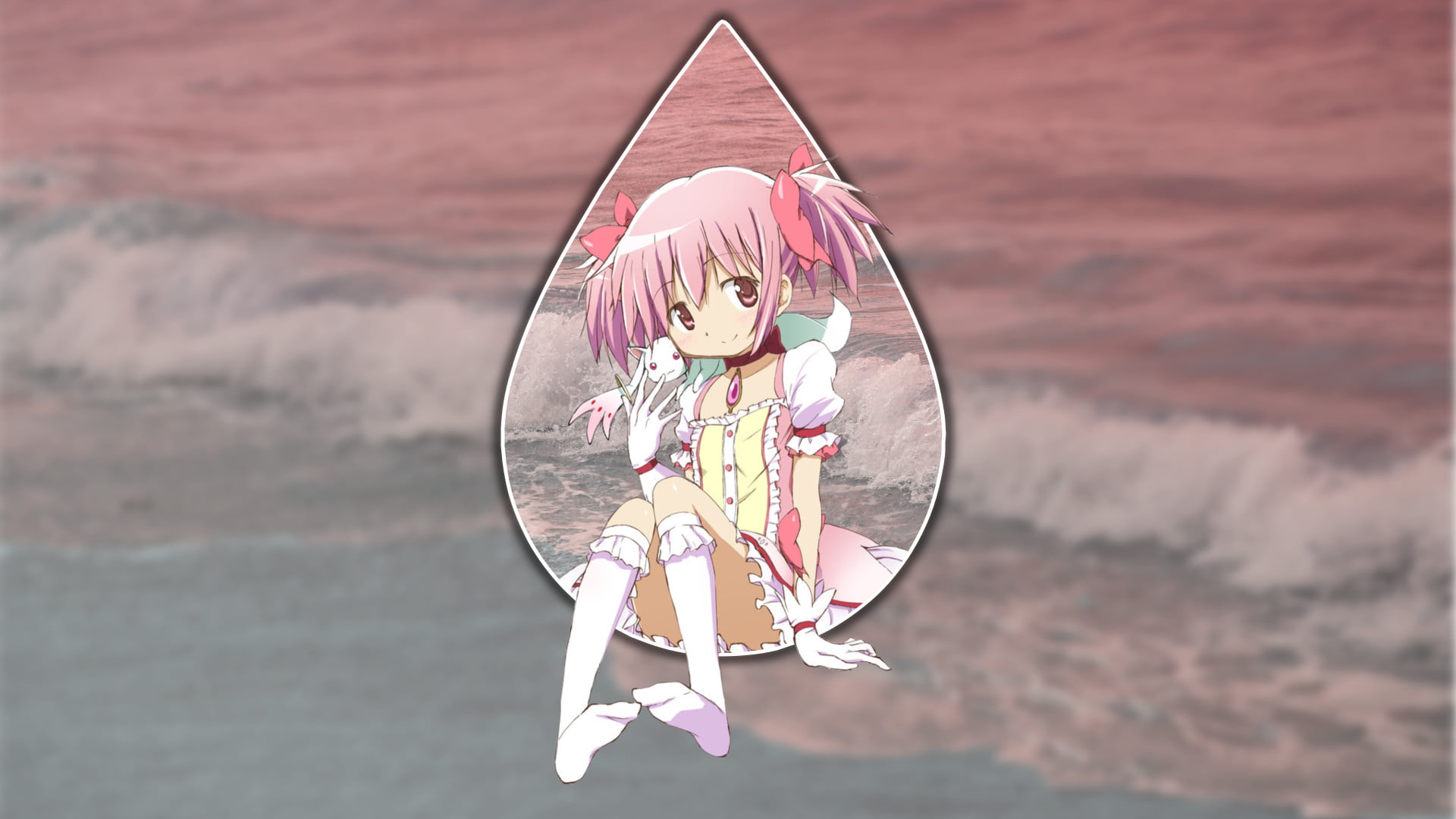 picture-in-picture, sea, Kaname Madoka, craft product, Kyuubey, looking at viewer, day, shape, pink color, beach, nature, focus on foreground, outdoors, HD Wallpaper