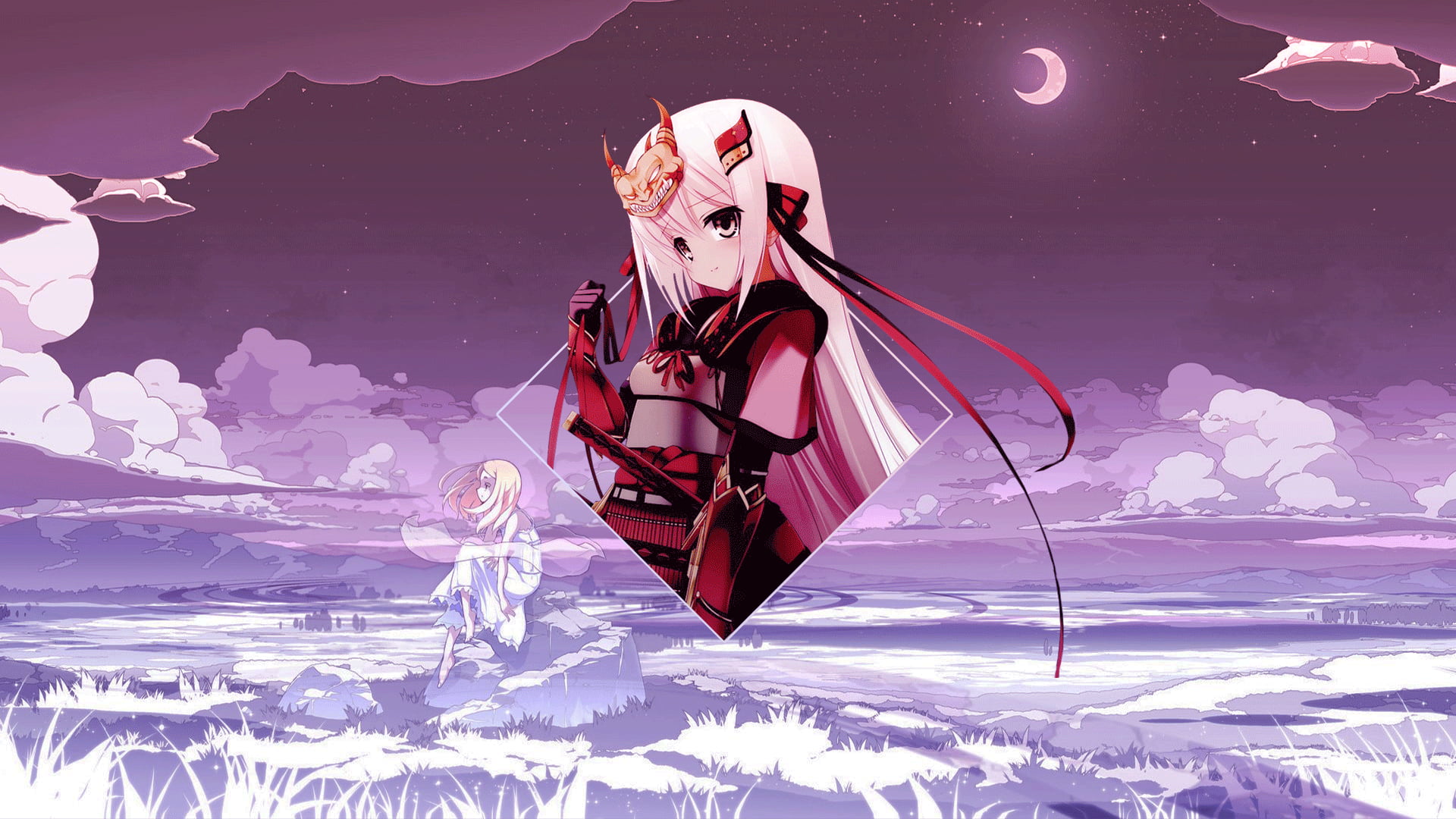 Photoshop, piture in picture, anime, picture-in-picture, digital art, anime landscape, samurai mujer, samurai, anime girls, 1080P, HD Wallpaper