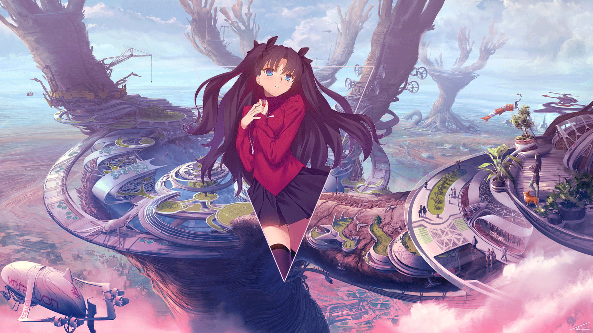 Tohsaka Rin, Photoshop, anime, picture-in-picture, 1080P, piture in picture, anime girls, city, anime landscape, digital art, Fate/Stay Night, HD Wallpaper