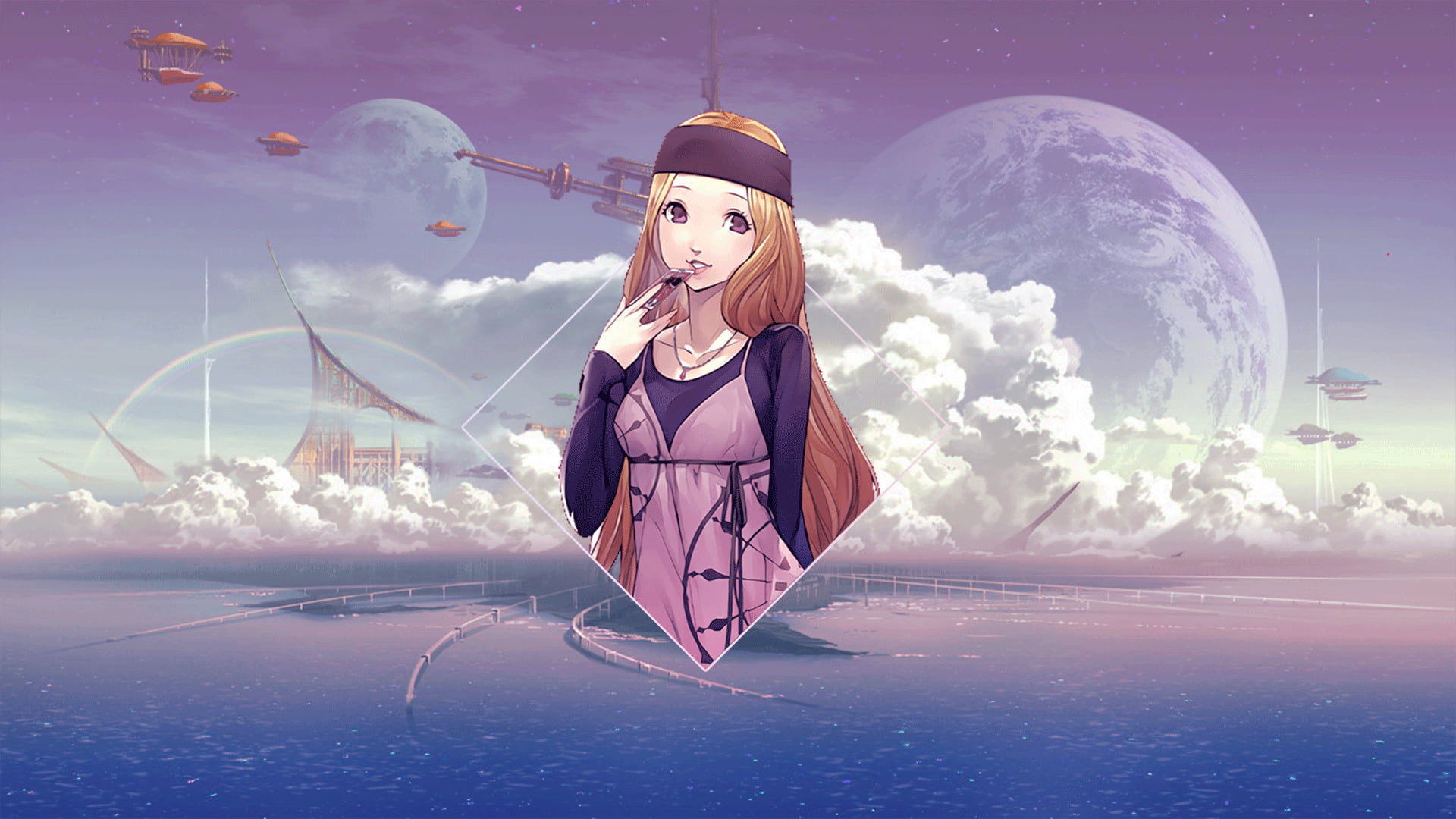 Photoshop, Chihaya Mifune, piture in picture, Anime, 1080P, anime girls, digital art, video games, Persona 4, ocean view, anime landscape, picture-in-picture, HD Wallpaper