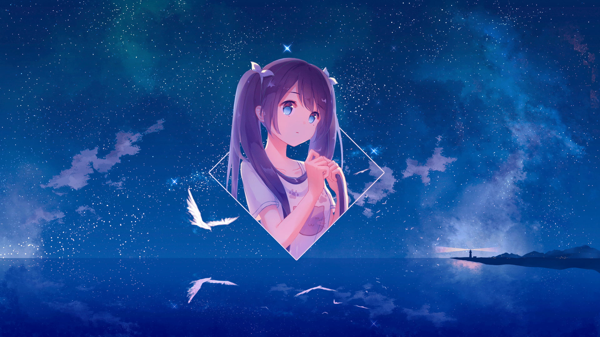 anime girls, 1080P, Photoshop, ocean view, anime landscape, digital art, picture-in-picture, Anime, piture in picture, HD Wallpaper