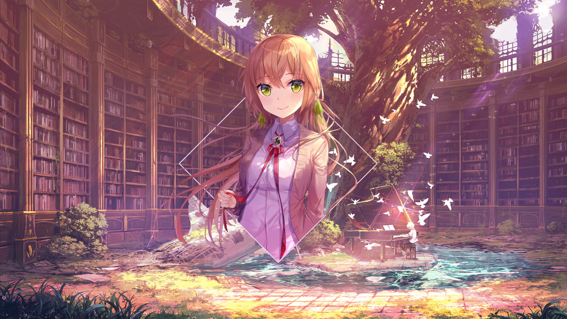 trees, picture-in-picture, anime girls, anime, piano, anime landscape, Photoshop, books, piture in picture, digital art, 1080P, HD Wallpaper