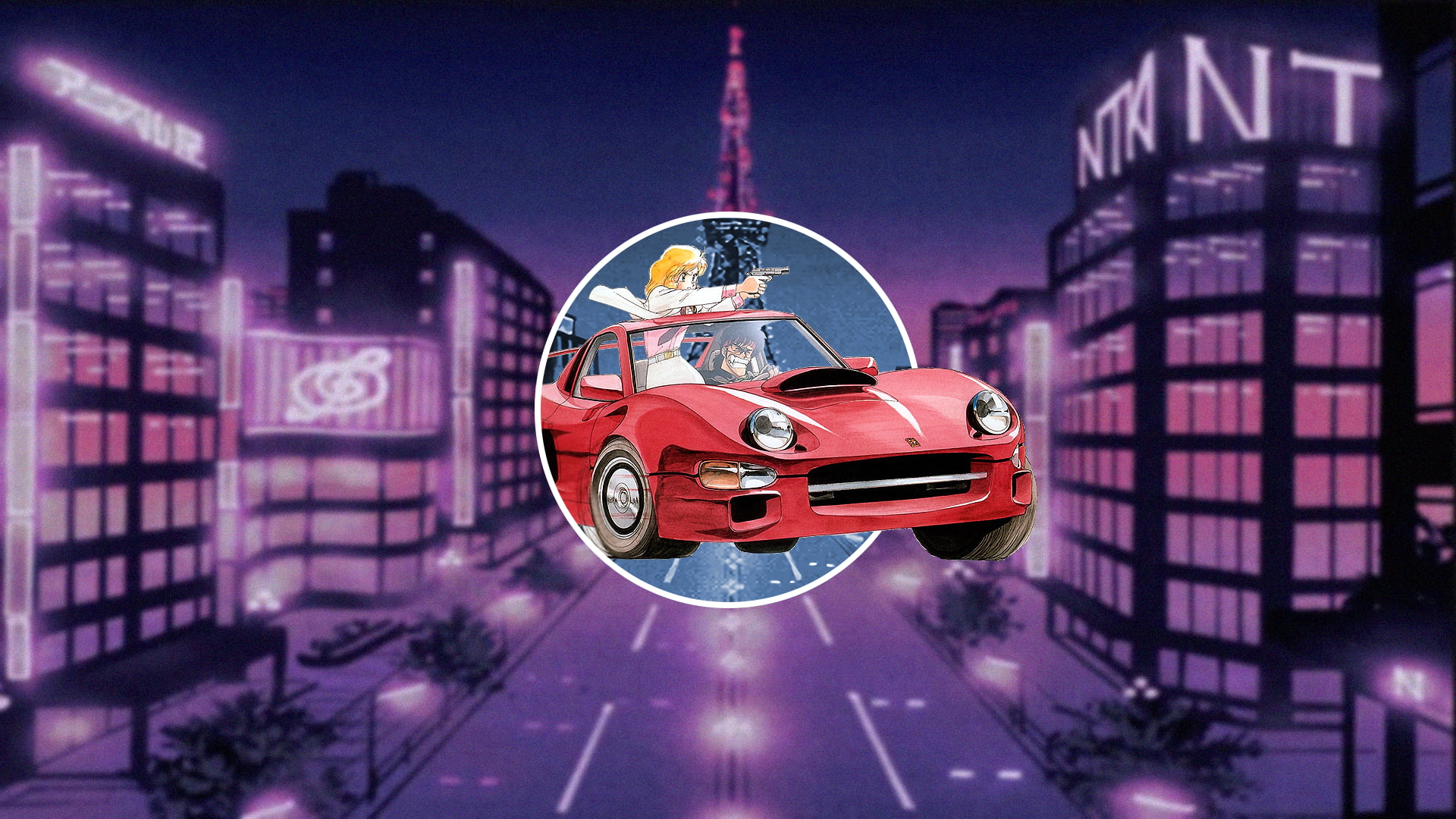 anime, piture in picture, anime girls, car, 1080P, red cars, picture-in-picture, HD Wallpaper