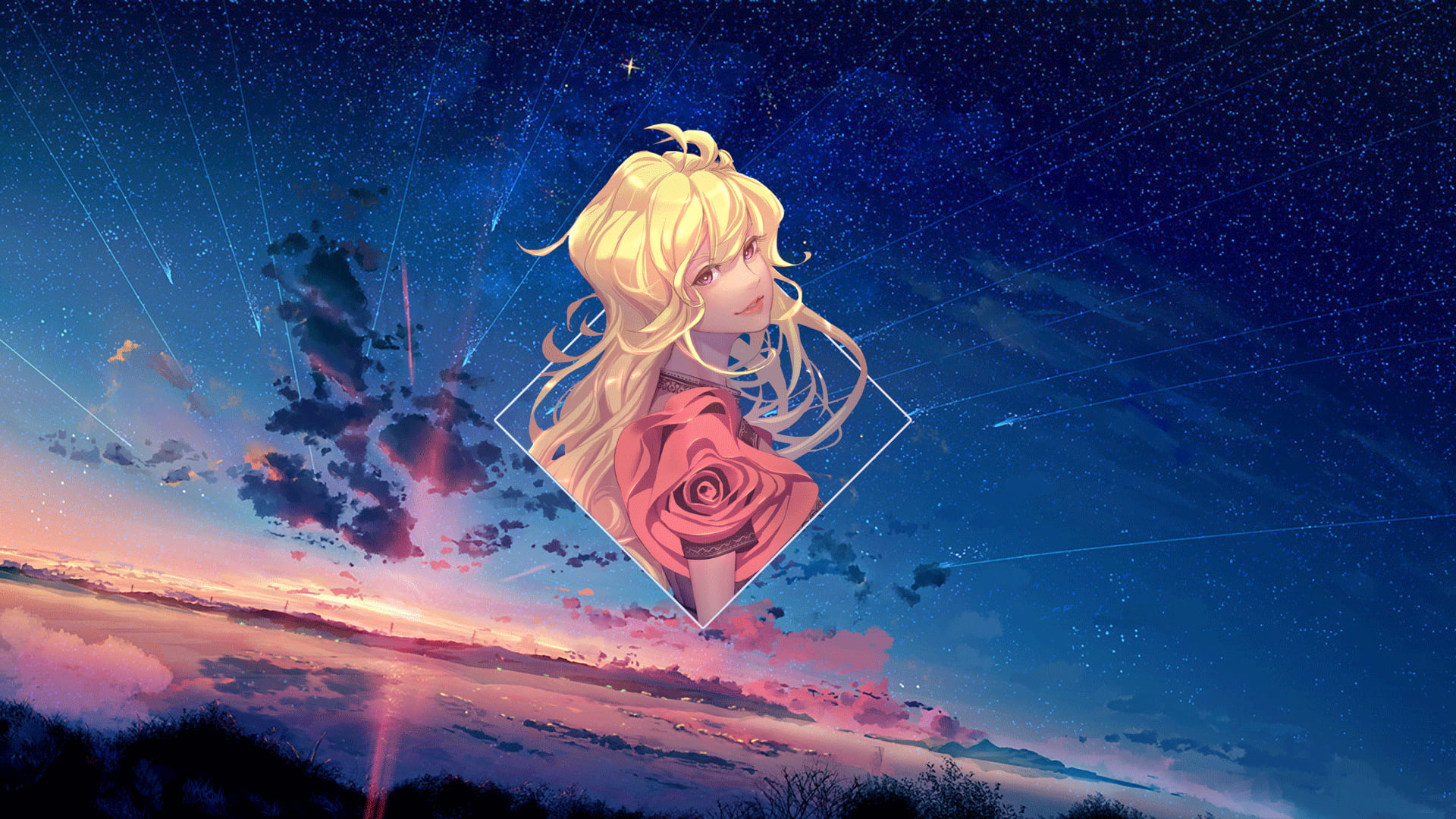 piture in picture, stars, rose, Photoshop, digital art, anime girls, 1080P, picture-in-picture, anime landscape, anime, HD Wallpaper