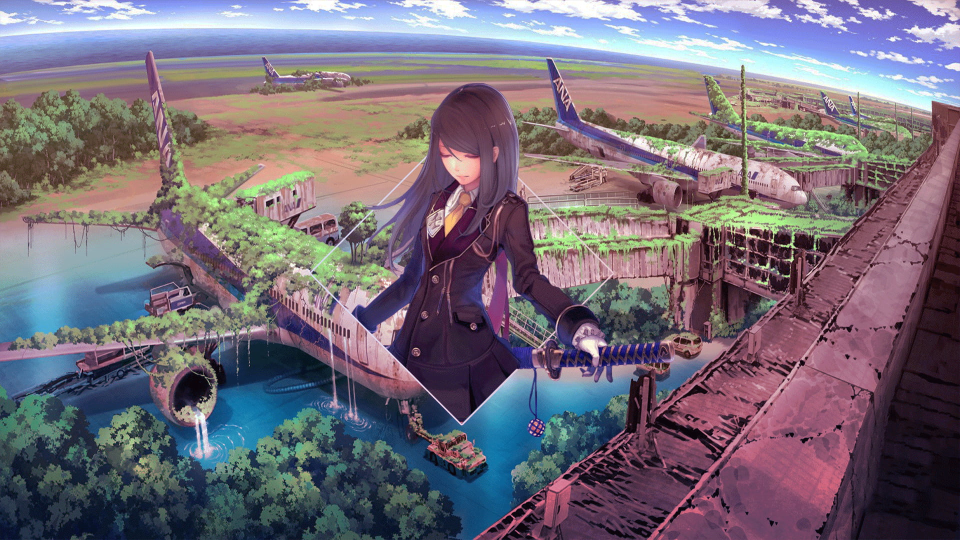 picture-in-picture, katana, Photoshop, anime girls, anime, anime landscape, digital art, 1080P, airplane, piture in picture, HD Wallpaper