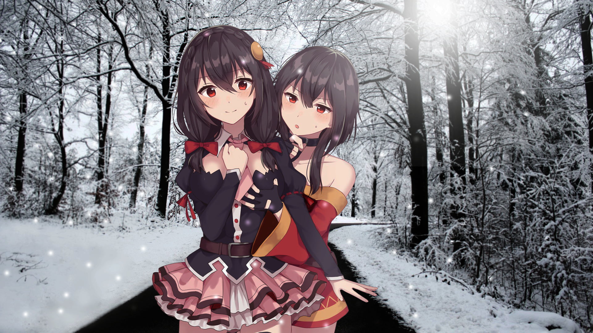 cold temperature, Kono Subarashii Sekai ni Shukufuku wo!, Yunyun (Konosuba), anime girls, hairstyle, plant, land, nature, forest, 1080P, celebration, snow, HD Wallpaper