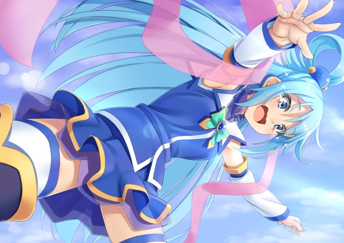 blue hair, Kono Subarashii Sekai ni Shukufuku wo!, sky, cloud - sky, creativity, blue eyes, blue clothes, blue, Aqua (KonoSuba), outdoors, day, low angle view, HD Wallpaper