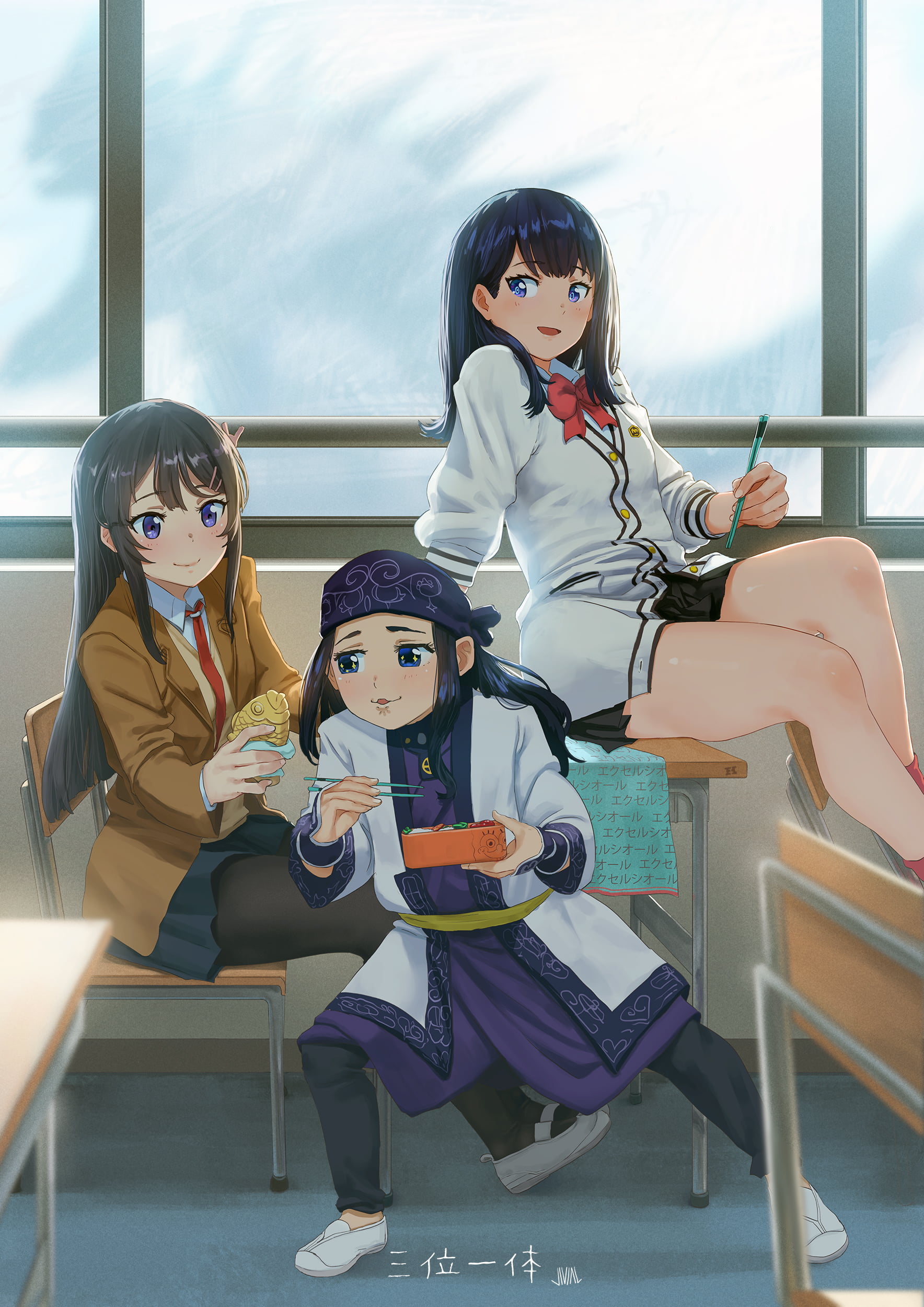 crossover, 1080P, Seishun Buta Yarō wa Bunny Girl-senpai no Yume wo Minai, Asirpa (Golden Kamuy), anime girls, SSSS.GRIDMAN, Golden Kamuy, Takarada Rikka, Phone HD Wallpaper