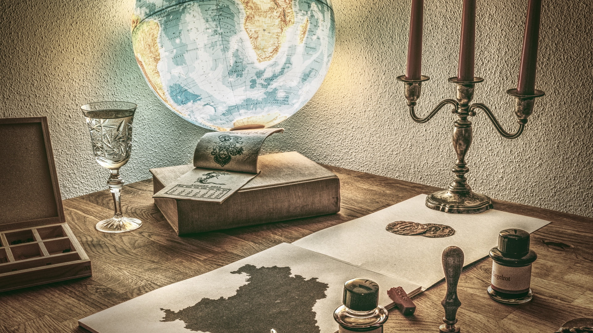 antique, beige, picture frame, still life, globe - man made object, old, drawing, finance, candles, currency, home interior, book, indoors, representation, HD Wallpaper