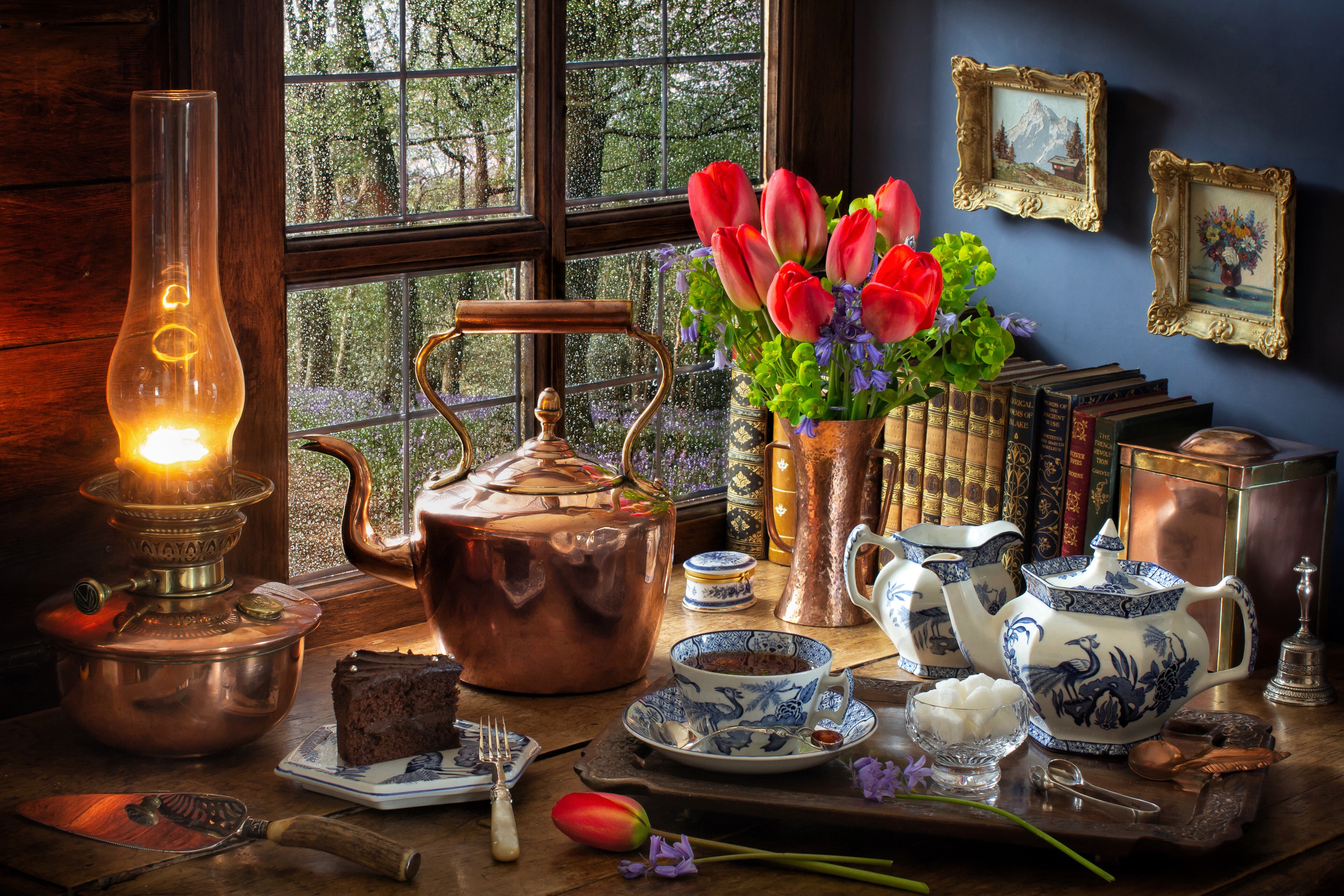 lamp, window, books, style, cake, still life, sugar, kettle, pictures, tulips, 5K, tea, flowers, the tea party, bouquet, HD Wallpaper