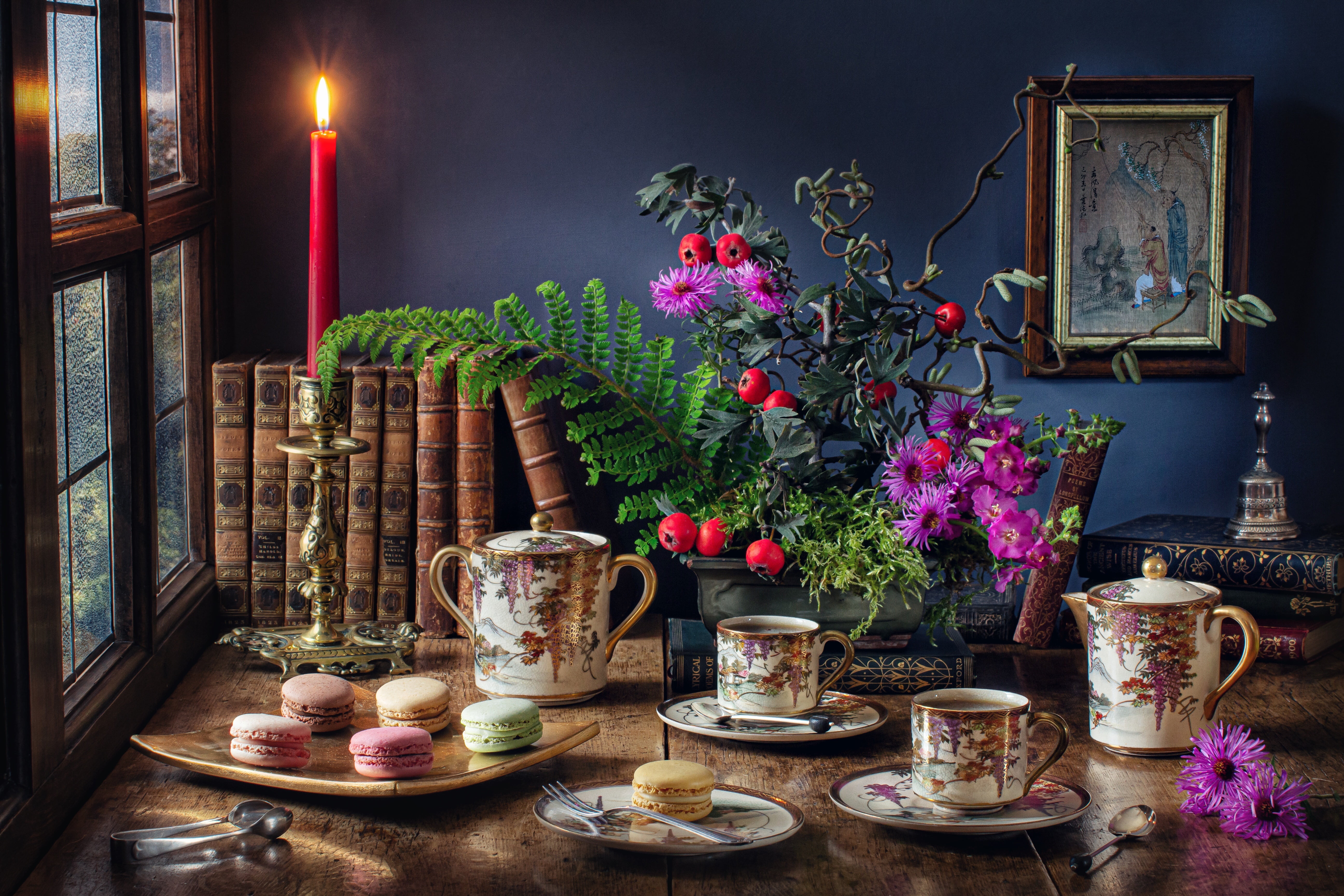 Cup, table, still life, flowers, cakes, 5K, dishes, candle, the tea party, picture, window, books, HD Wallpaper