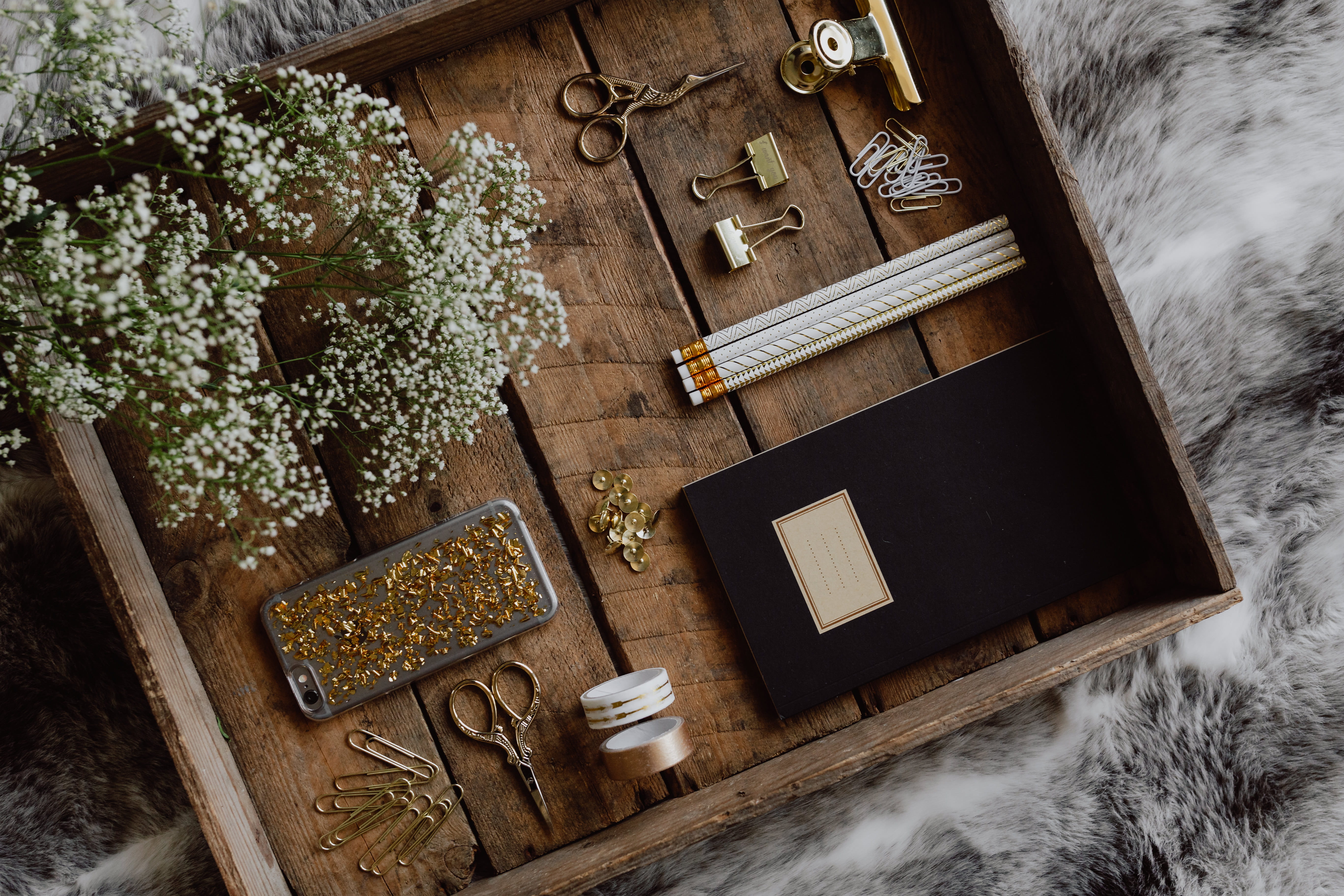 wood - material, gold, container, book, coniferous tree, brown, directly above, accesories, indoors, plant, office accesories, scissors, office, rustic, HD Wallpaper