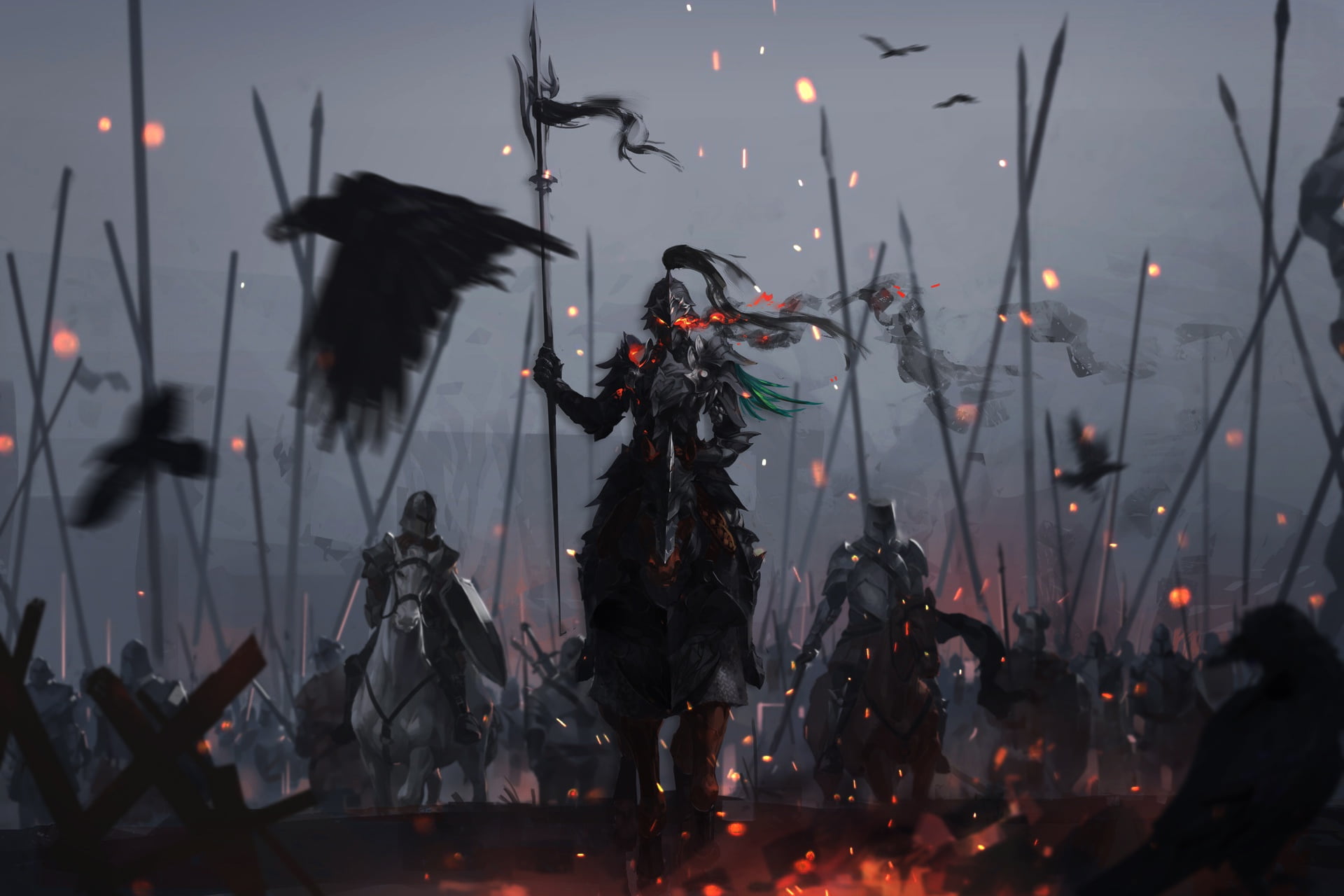 Knight, Spears, 1080P, Fiction, by Xingyan Li, Sparks, Raven Approaching, Xingyan Li, Art, Fantasy, Attack, Battle, Warrior, Storytelling, The demon, Armor, HD Wallpaper