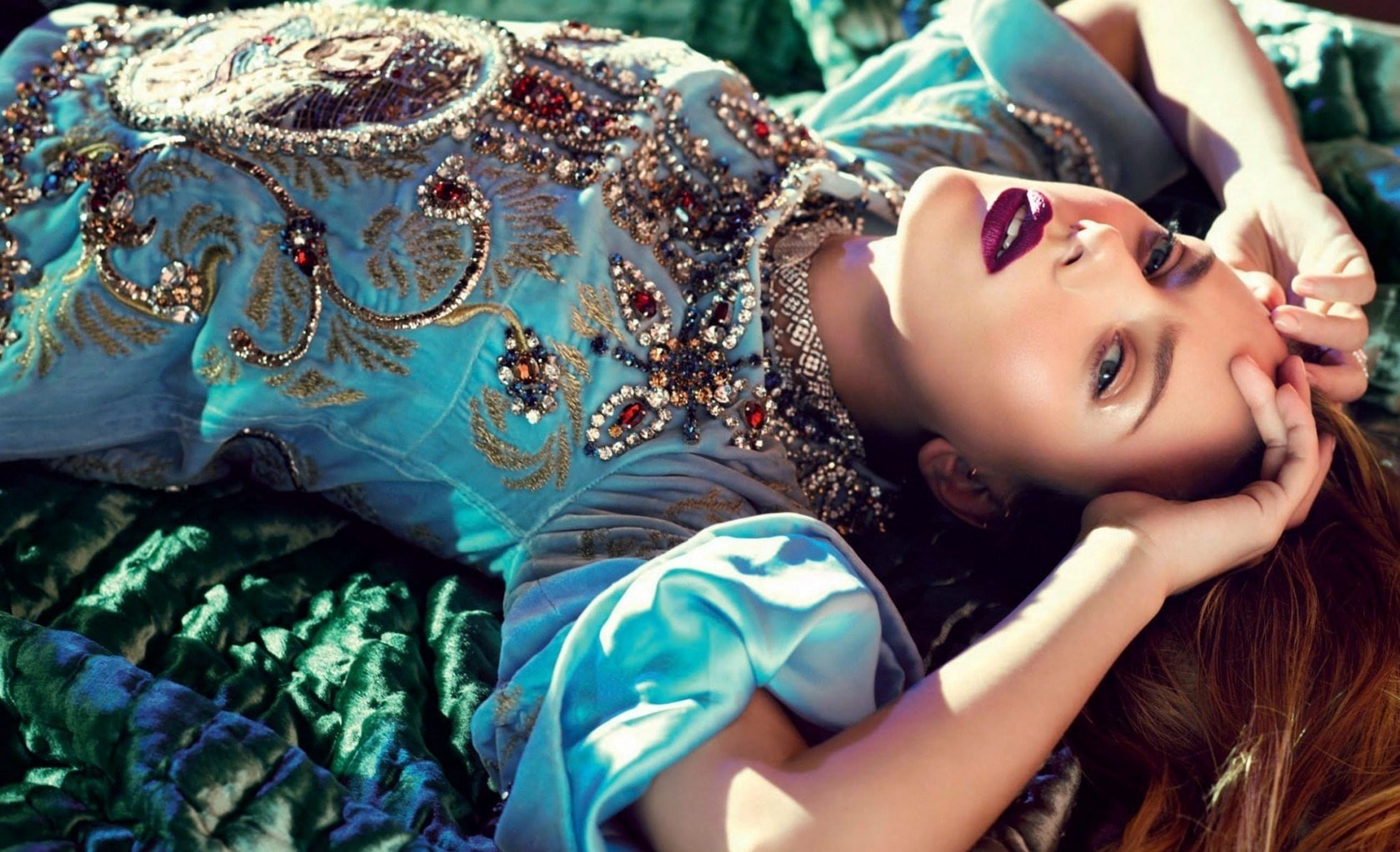 scarlett, young adult, beautiful woman, scarlett johansson, floral, headshot, teal, beauty, one person, fashion, real people, looking, s, young women, lying on back, HD Wallpaper
