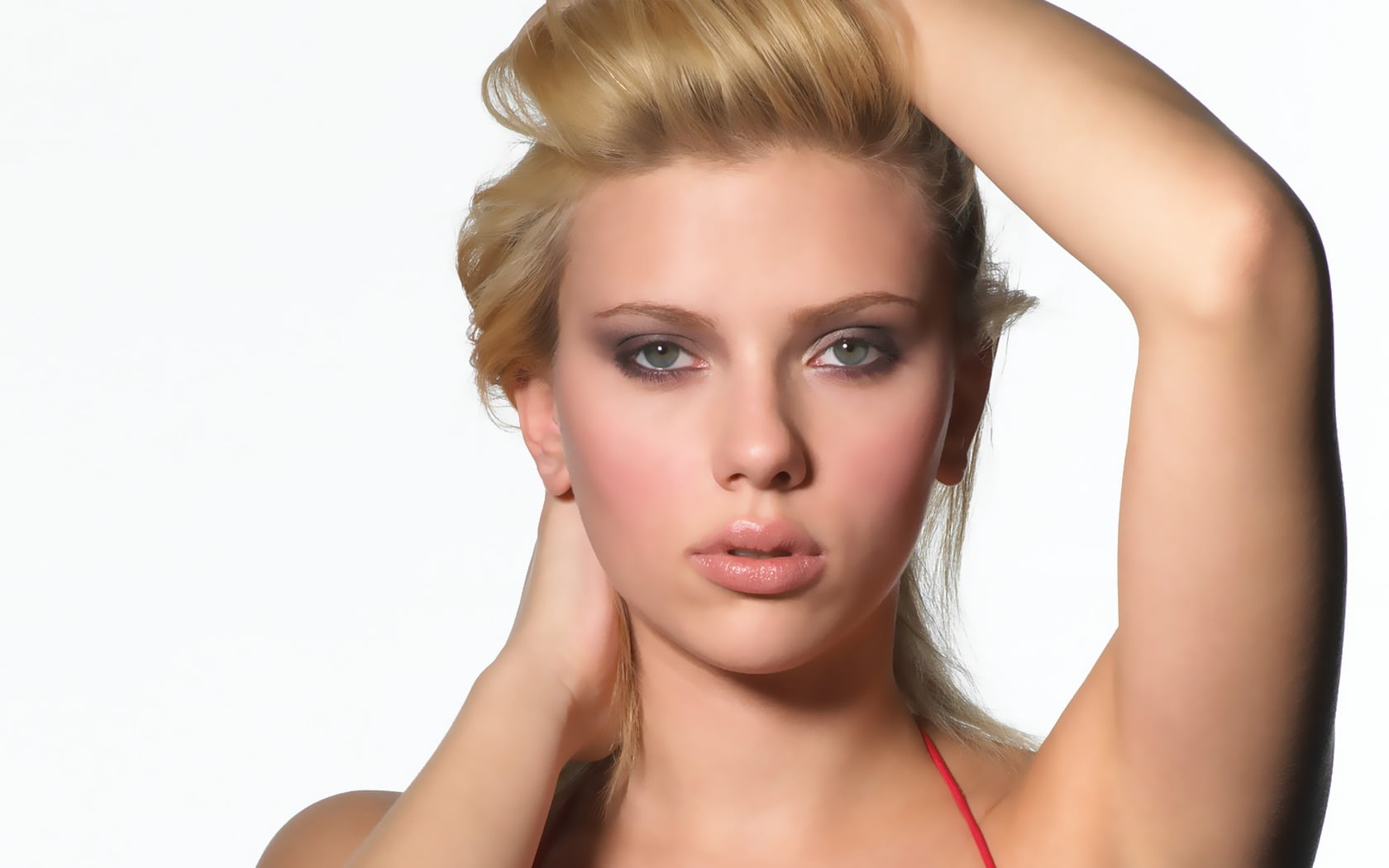 Scarlett Johansson, blonde, hand in hair, arms up, face, studio shot, young women, portrait, indoors, teenager, adult, 720P, women, cut out, celebrity, HD Wallpaper