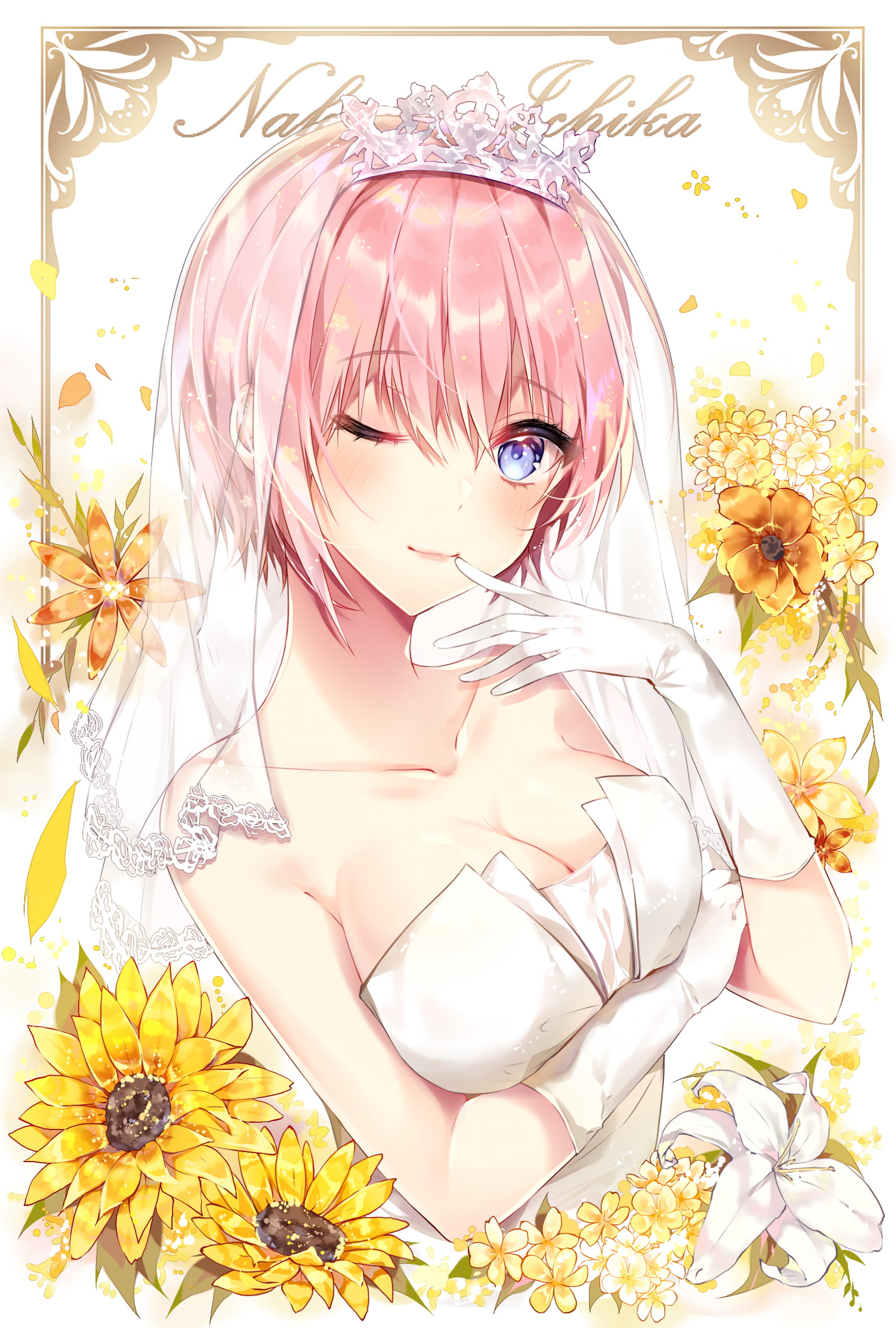 Nakano, Ichika, flowers, artwork, gloves, vertical, anime, 1080P, digital art, 5-toubun no Hanayome, white gloves, plants, sunflowers, simple background, Phone HD Wallpaper