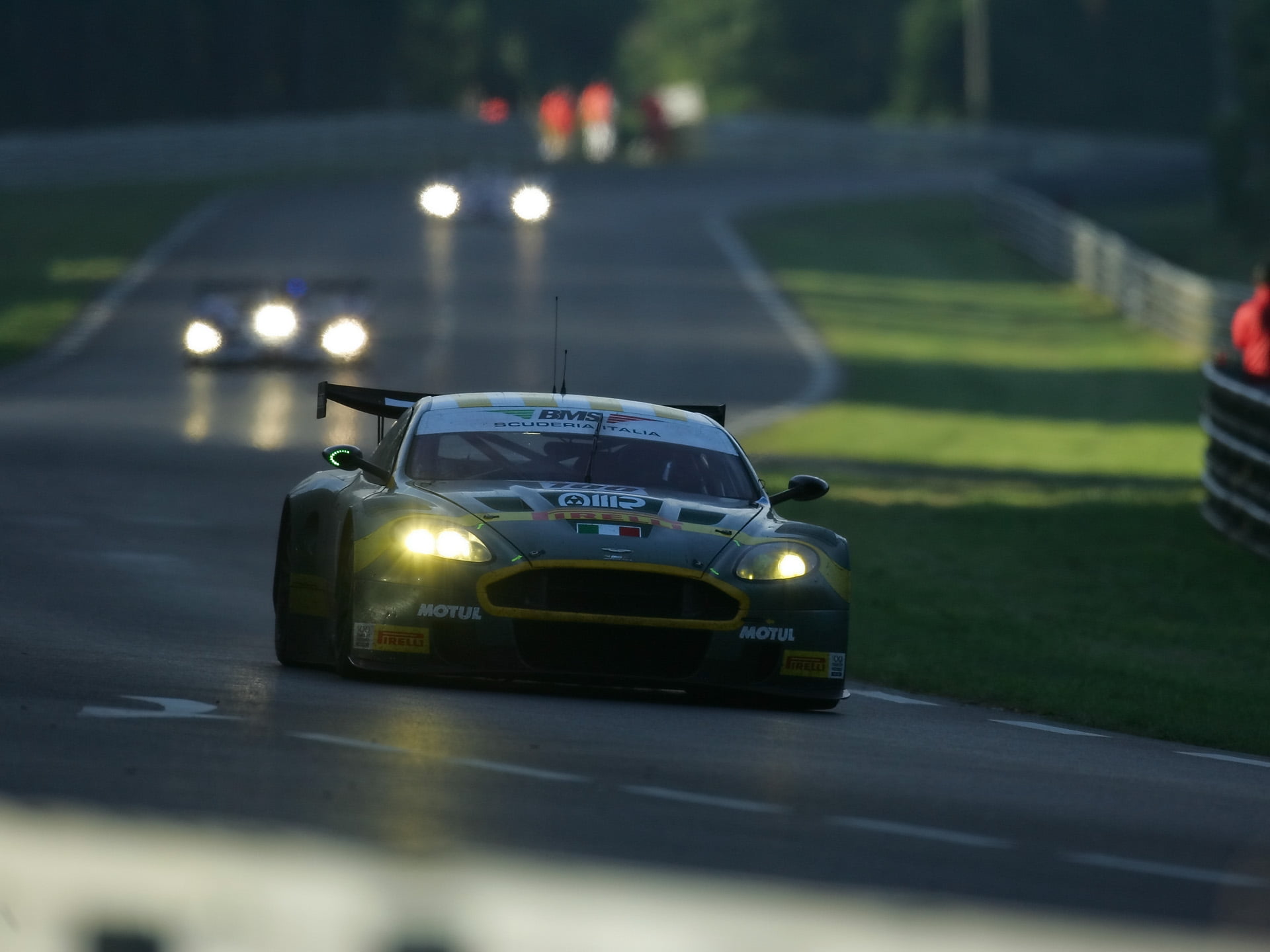 competition, driving, power, selective focus, success, aston martin, 2005, action, green, gray, majestic, illuminated, dbr9, racecar, people, front view, HD Wallpaper