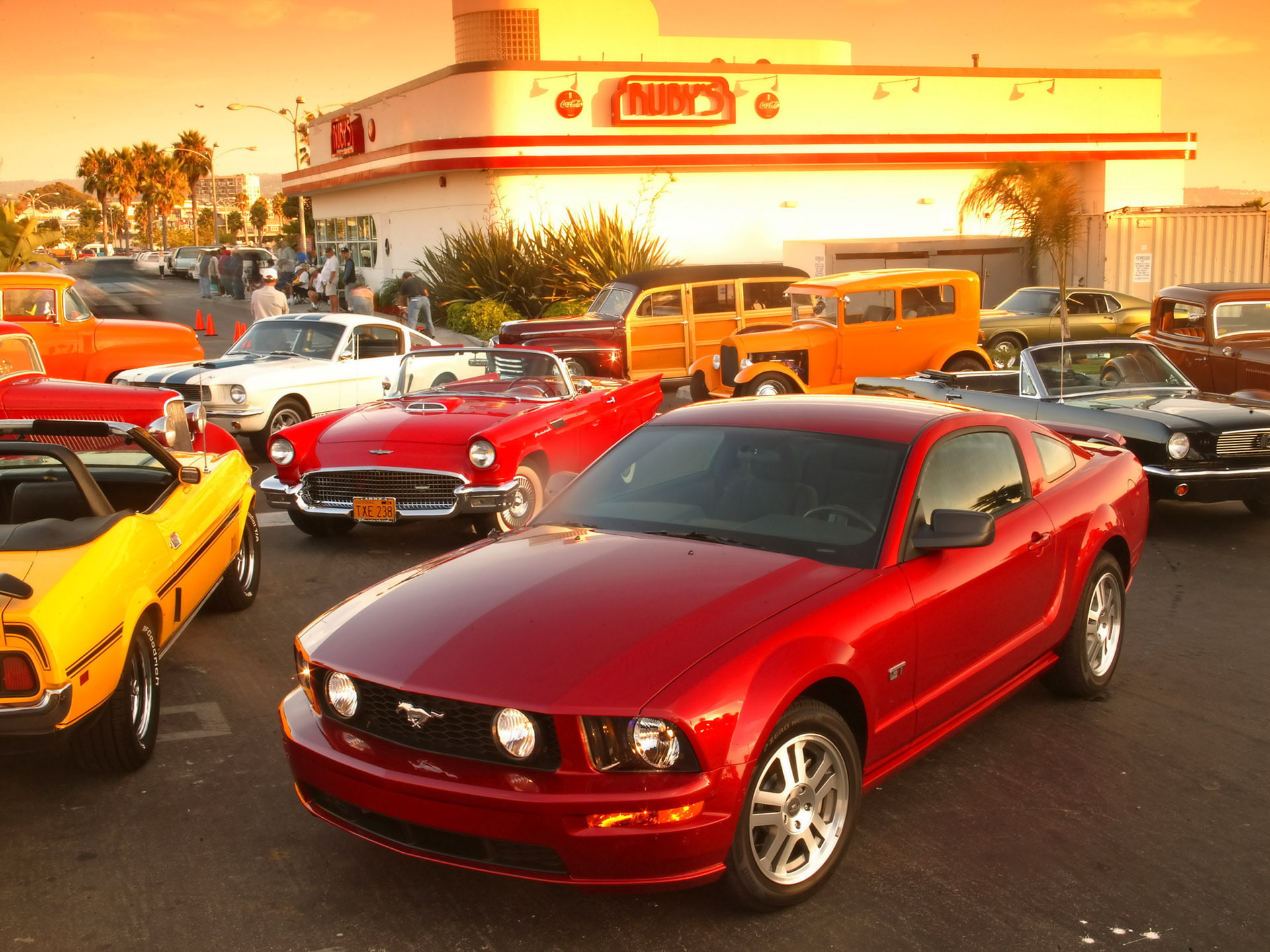 sunset, nature, wip, city life, travel, 1080P, ford, red, motion, traffic, street, gt, land vehicle, no people, sky, sign, car, mustang, architecture, HD Wallpaper