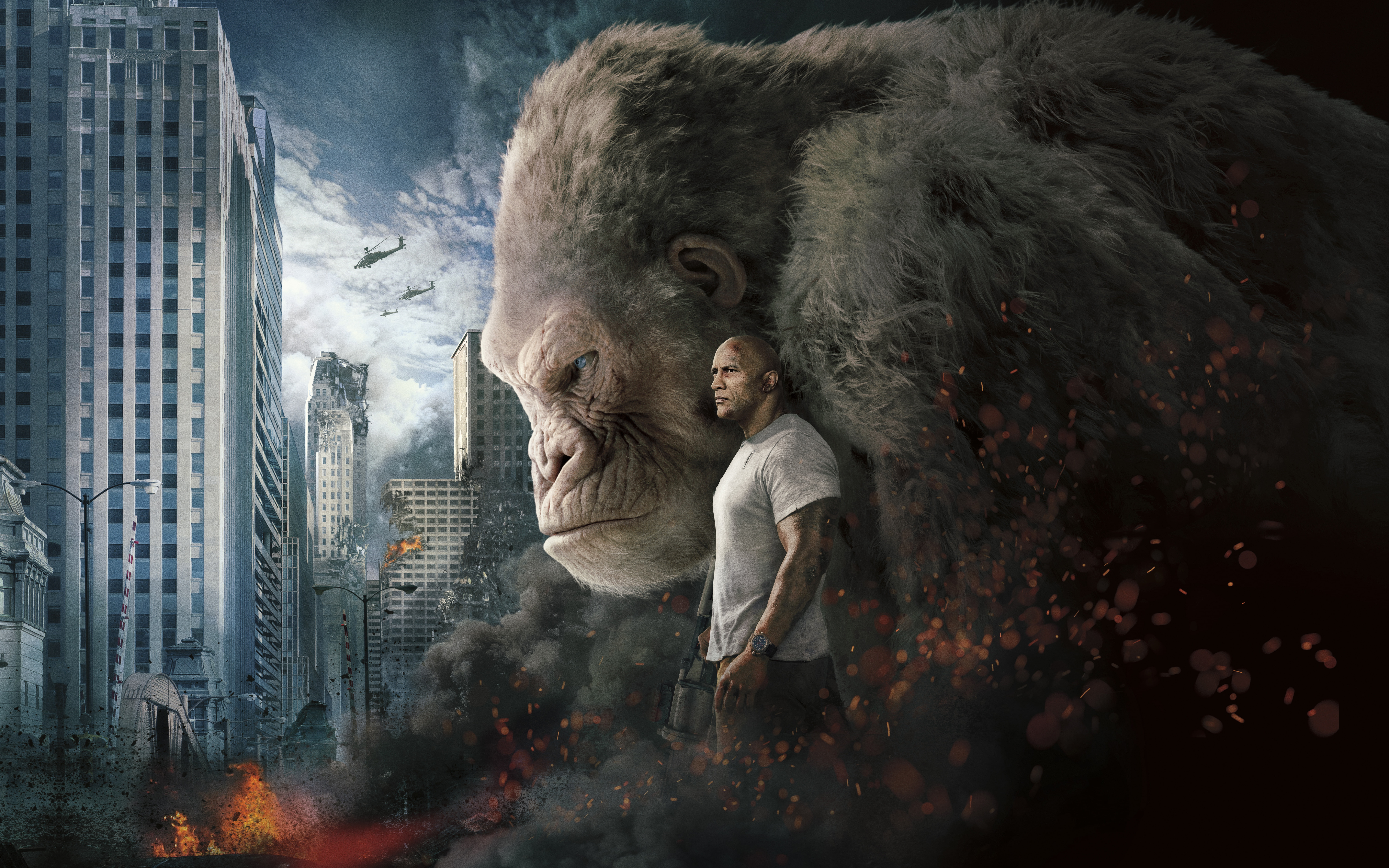 Dwayne Johnson, Apartments, Movie, Towers, Claire, Extraordinarily, Flame, Houses, Okoye, Fire, 2018, GEORGE, Fearsome, Dr., Destroyed, Sci-Fi, Film, Wolf, HD Wallpaper