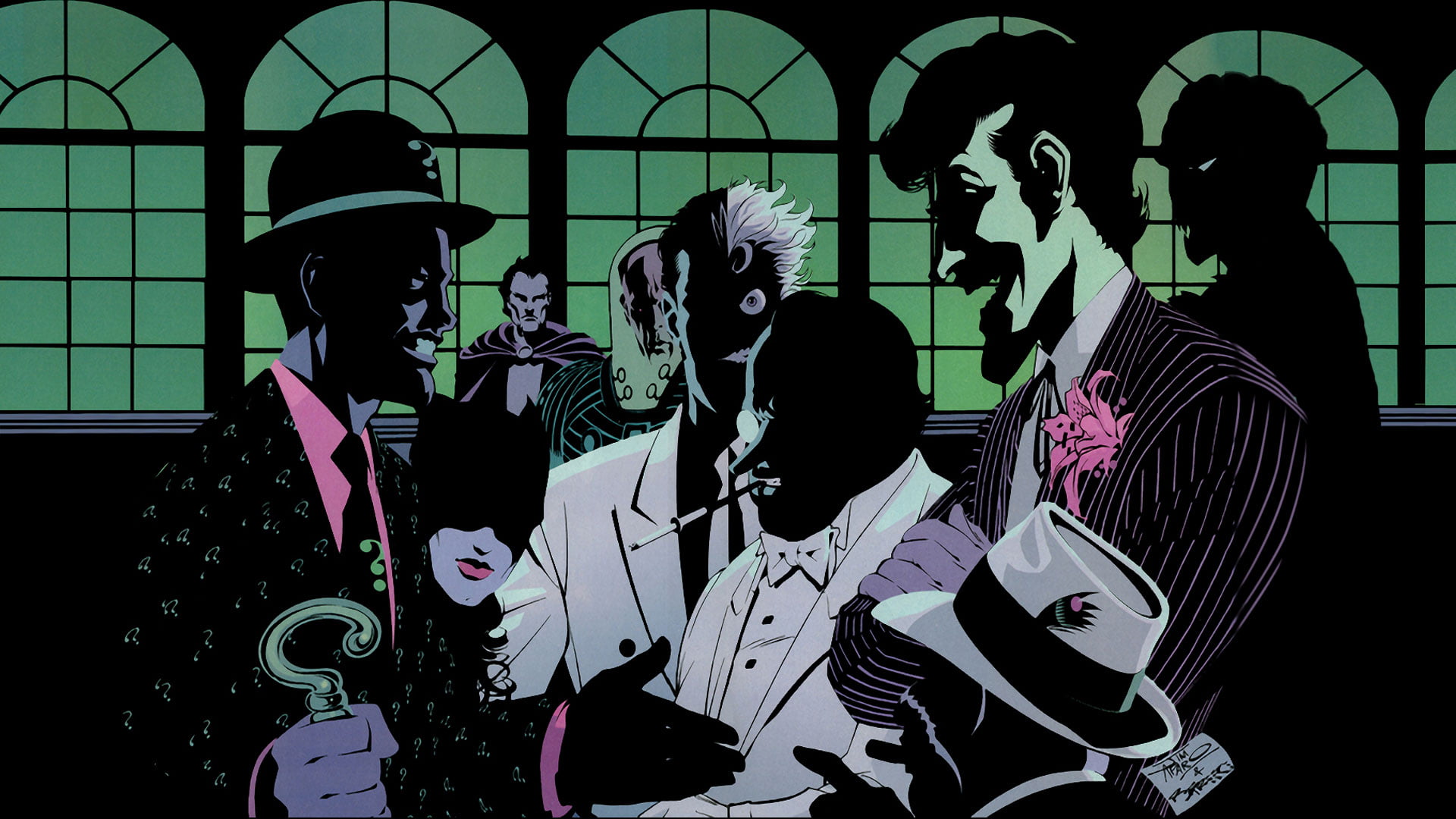 medium group of people, Joker, 1080P, art and craft, Two-Face, Batman, Killer Croc, men, The Riddler, silhouette, arts culture and entertainment, adult, HD Wallpaper