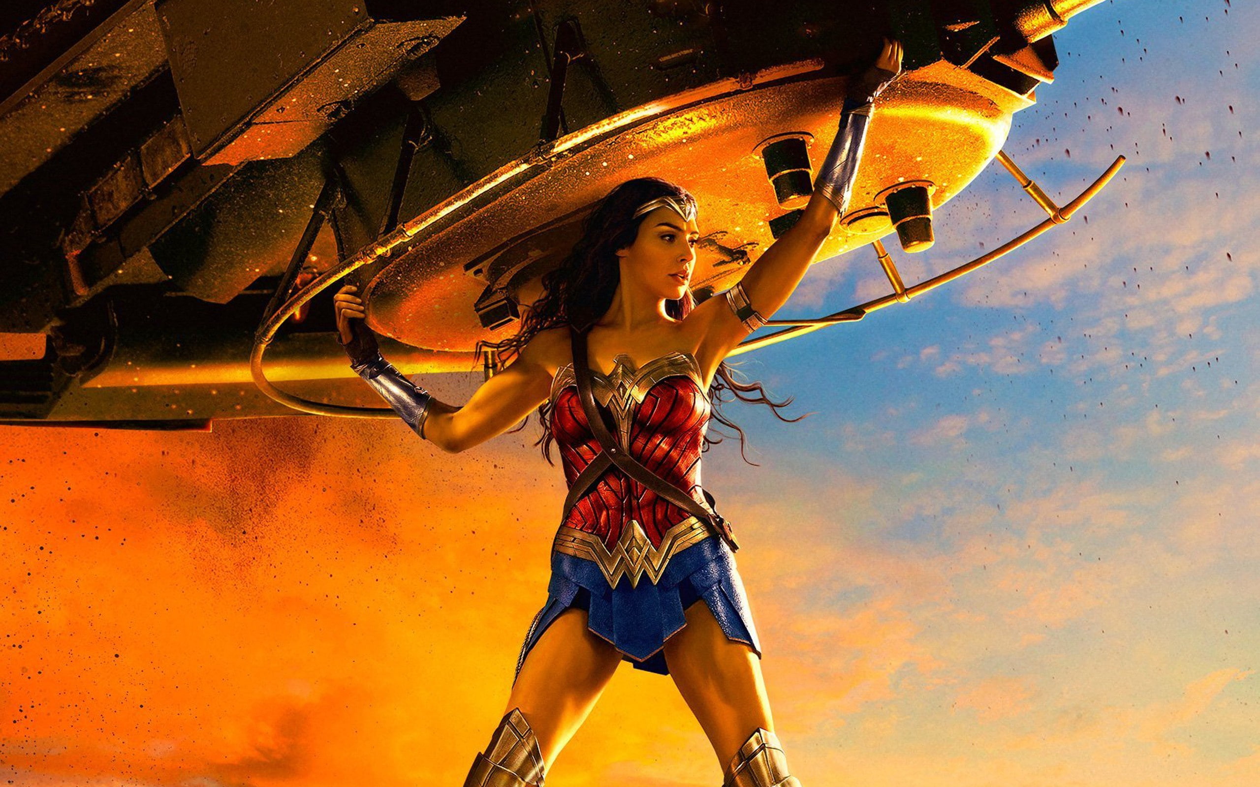 Gal Gadot, strong, Themyscira, gauntlet, brunette, cinema, armor, 2K, DC Comics, film, tank, movie, Diana, Wonder Woman, warrior, HD Wallpaper