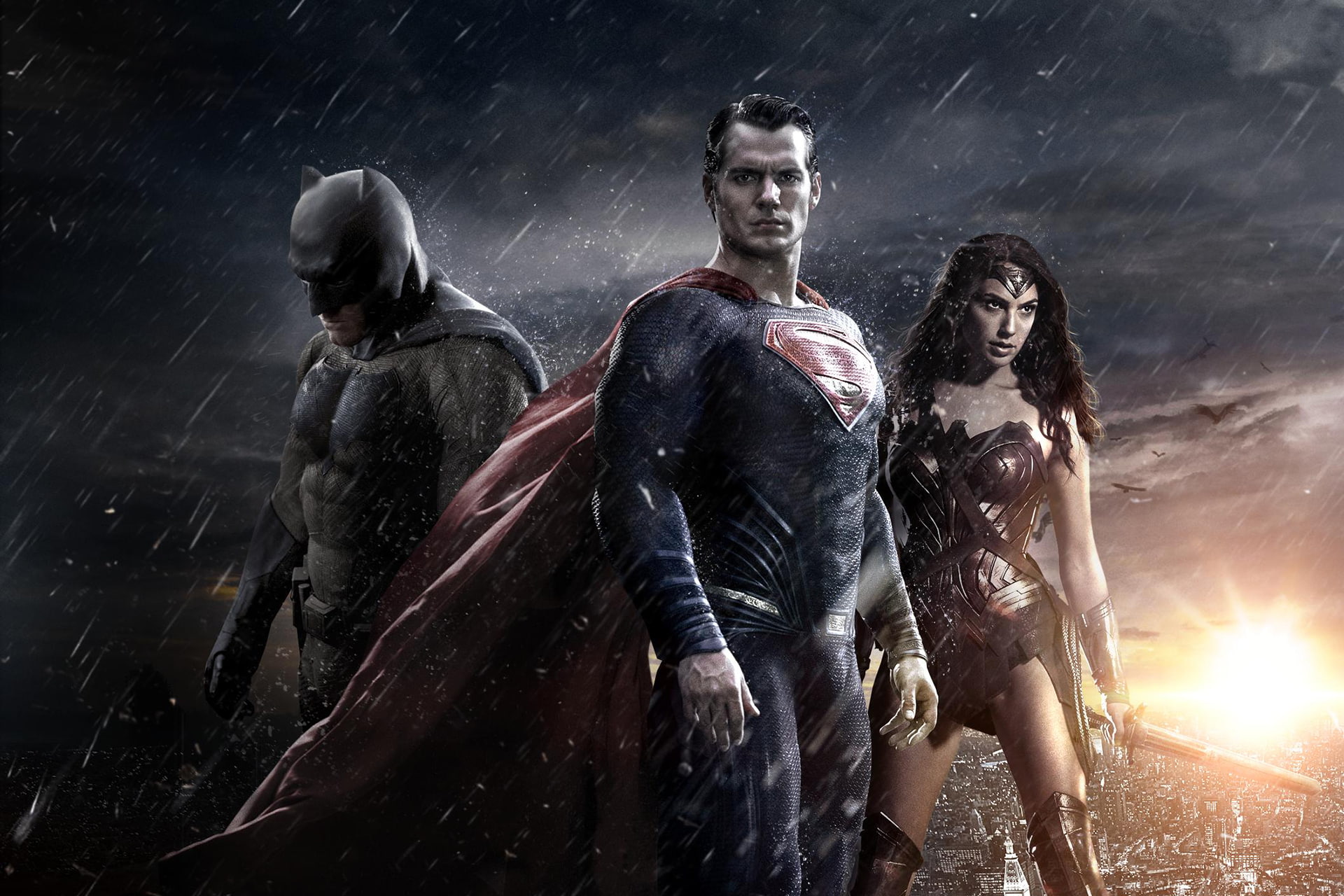 aggression, Henry Cavill, determination, emotion, Gal Gadot, wet, men, v, motion, Batman, outdoors, poster, nature, people, Wonder Woman, Superman, young adult, HD Wallpaper