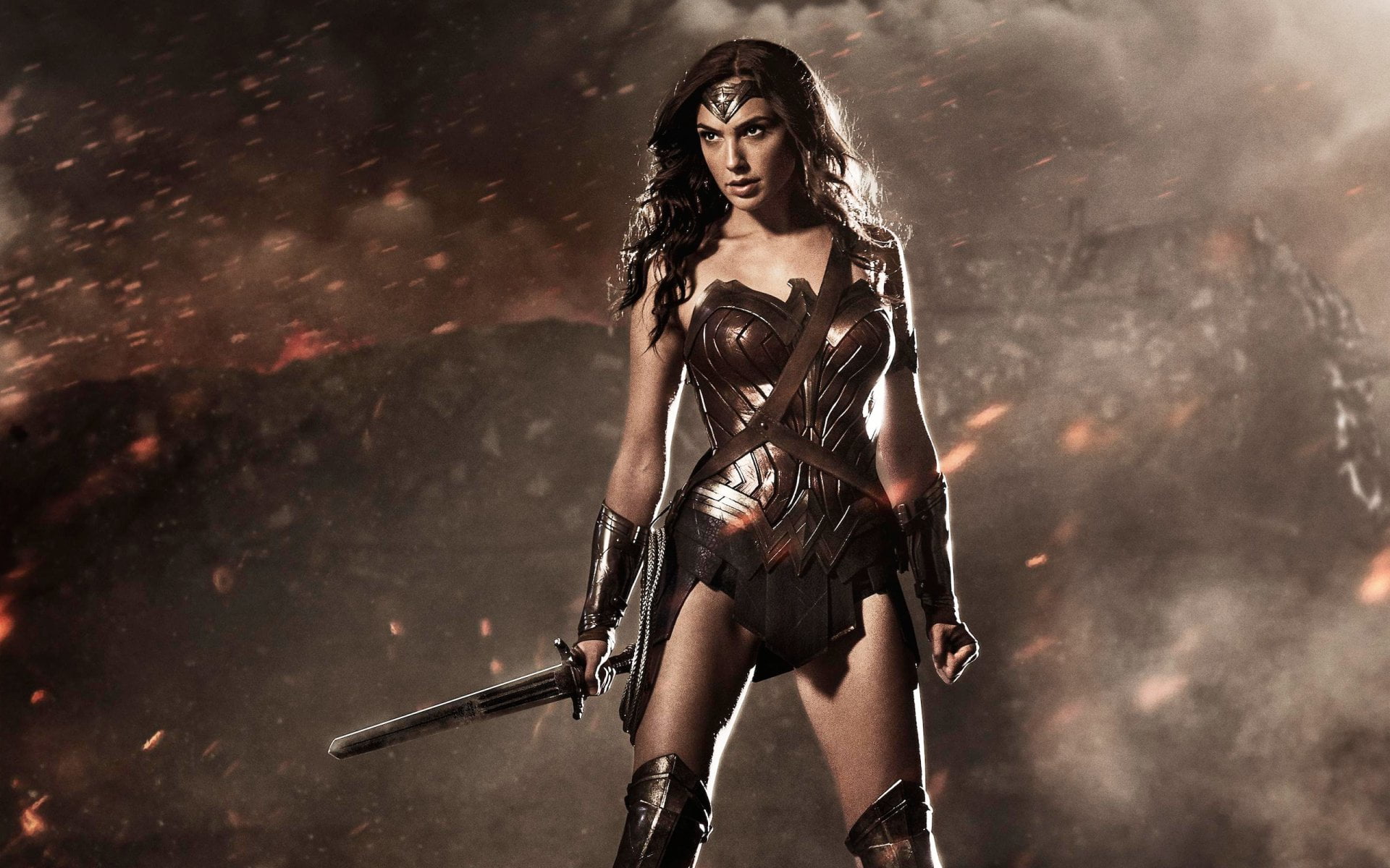 leather, portrait, young women, color Image, females, violence, Gal Gadot, hairstyle, Brown Hair, gun, Woman, hair, DC Comics, Boots, fantasy, Sword, Batman V Superman: Dawn Of Justice, HD Wallpaper