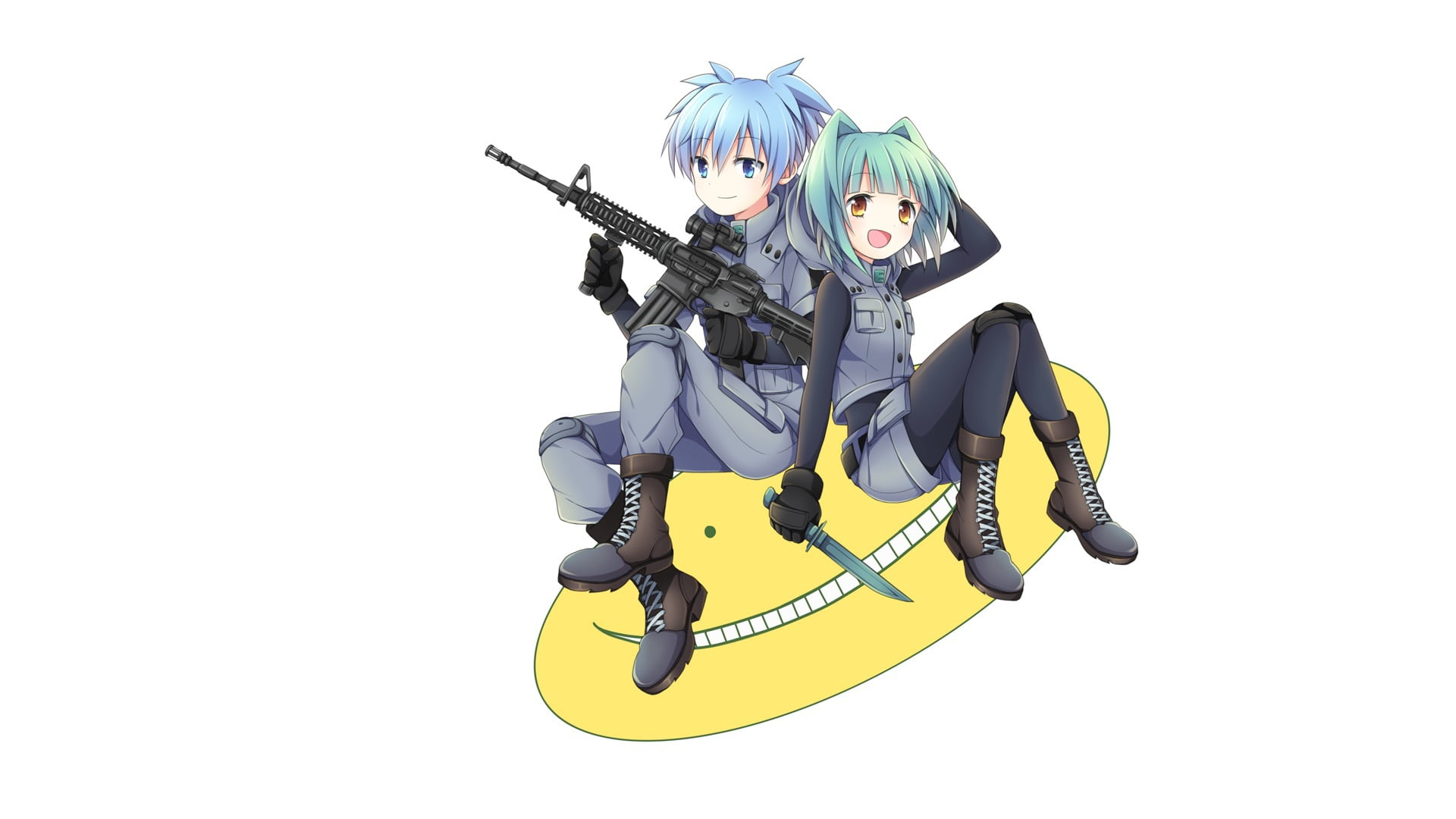 Koro Sensei, art, blue hair, Soranagi, 1080P, white background, Kayano Kaede, Ansatsu Kyoushitsu, the guy with the girl, sitting, machine, smile, dagger, HD Wallpaper