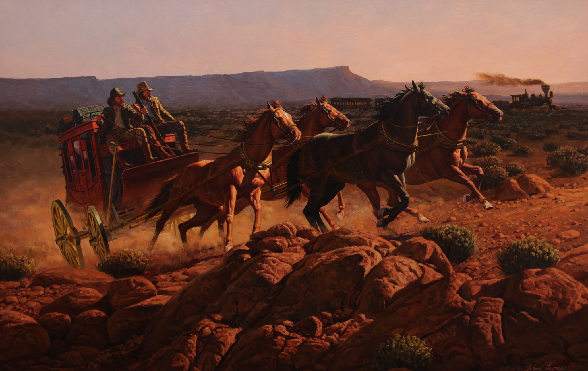 landscape, picture, 1080P, cars, horse, the engine, coach, mountains, the sky, train, The Twilight Era, Twilight Of An Era, the competition, John Leone, HD Wallpaper