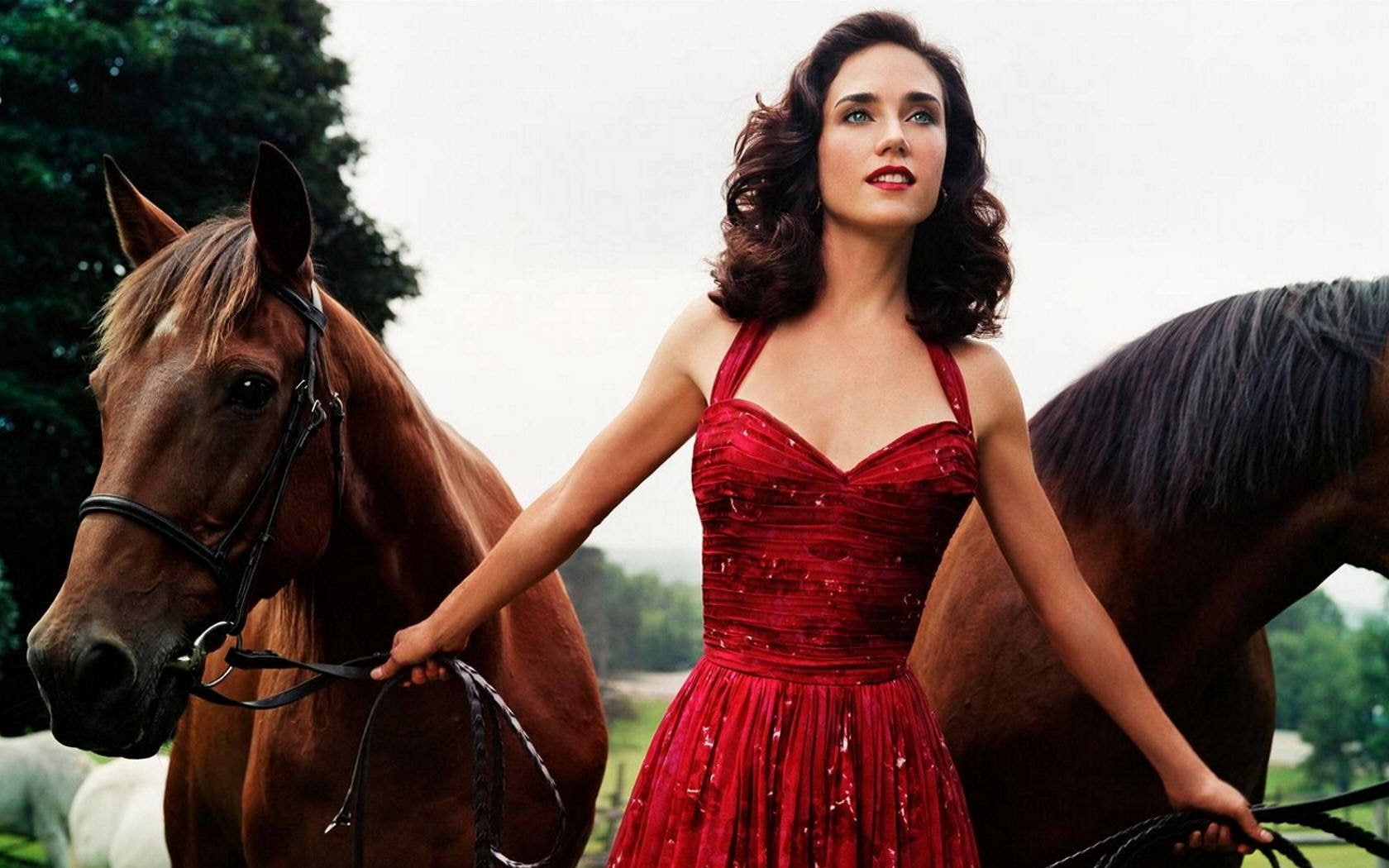 hd, art, x, Jennifer Connelly, jennifer, connelly, 720P, girls, red, horses, dress, animals, HD Wallpaper