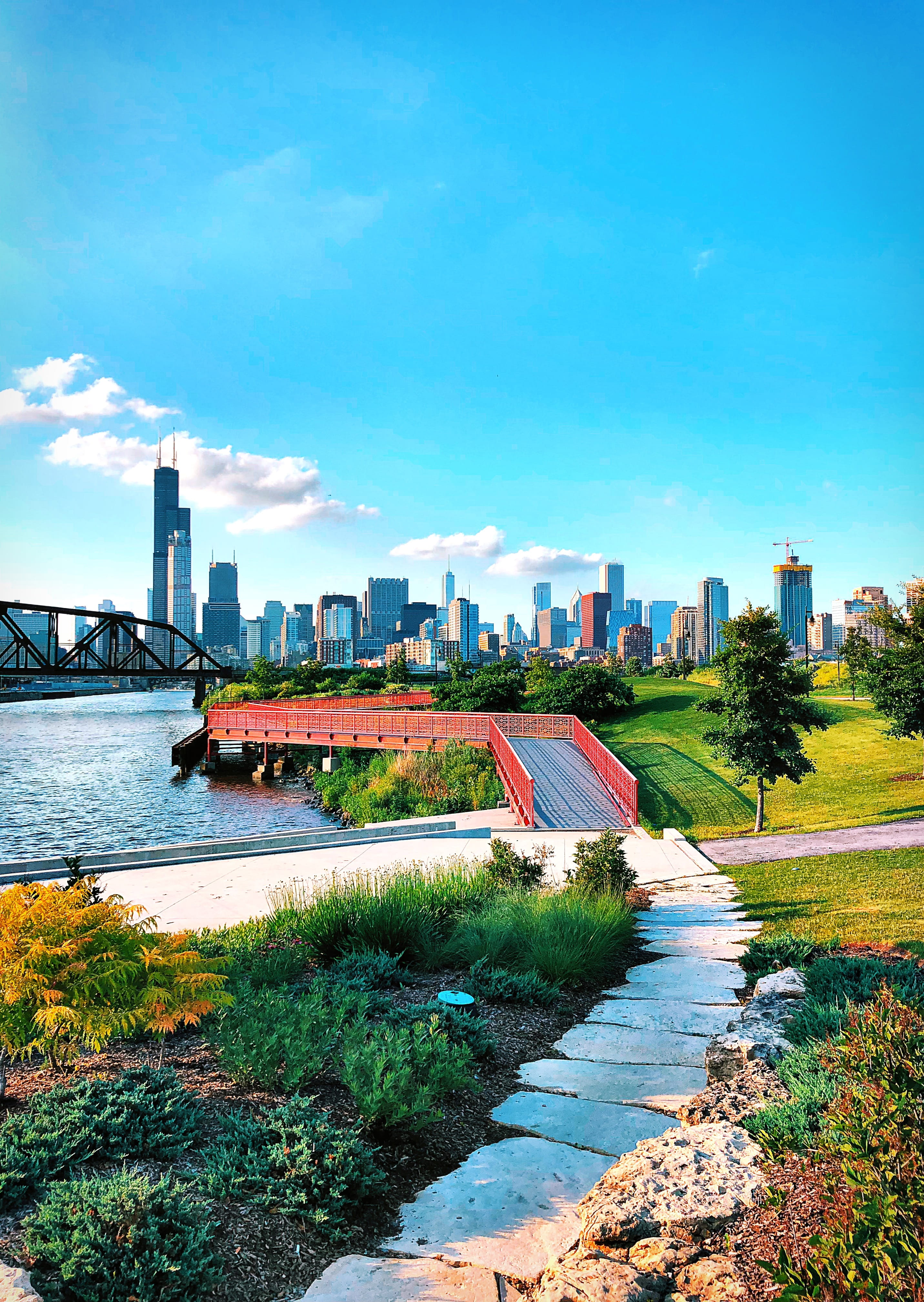 sky, clouds, bridge, blue, illinois, water, skyscraper, plant, 1600 s grove st, building exterior, no people, building, architecture, chicago, day, nature, Phone HD Wallpaper