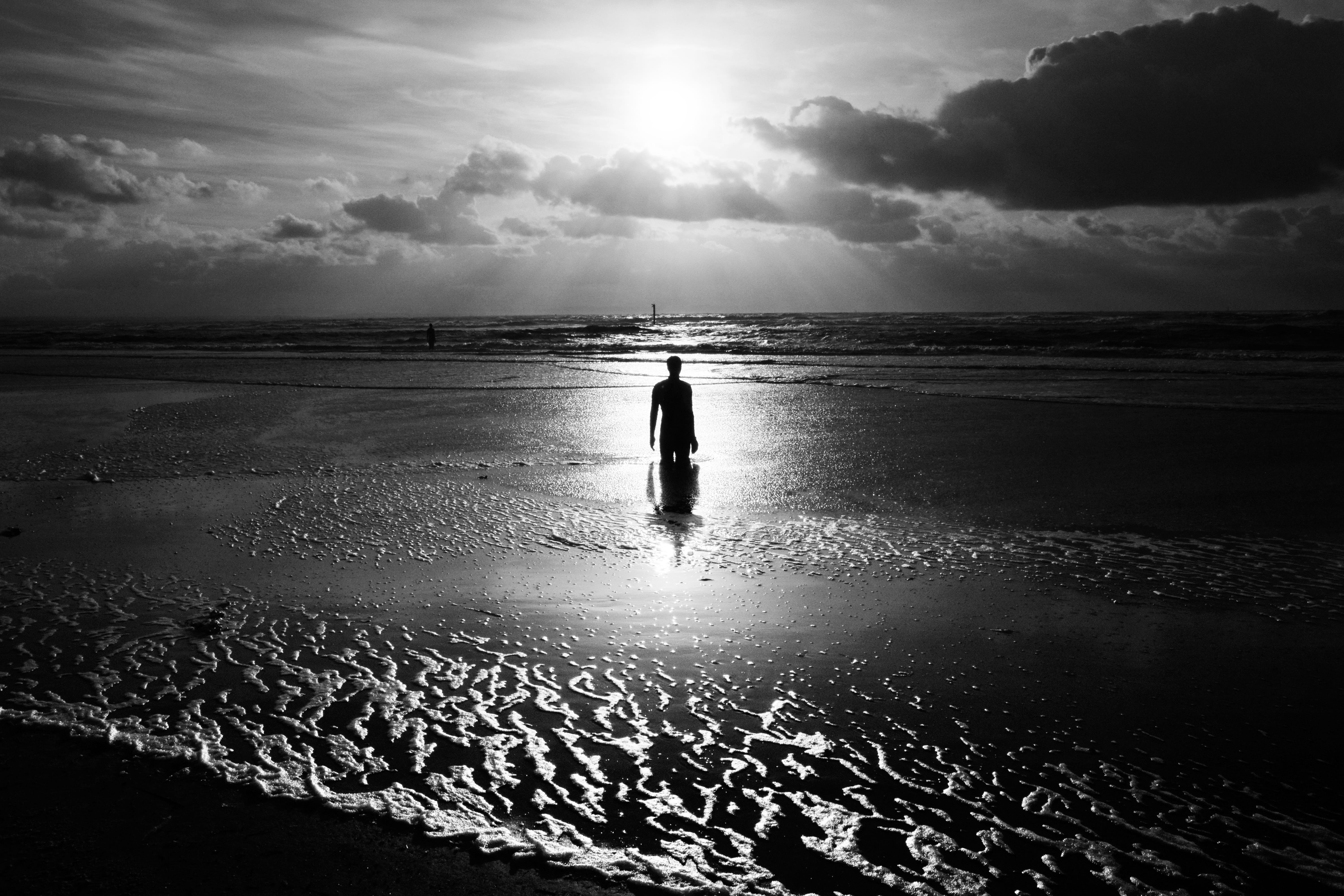 cloud - sky, silhouette, horizon, mersey, beach, gormley, moody, real people, water, crosby, 5K, one person, england, liverpool, beauty in nature, outdoors, HD Wallpaper