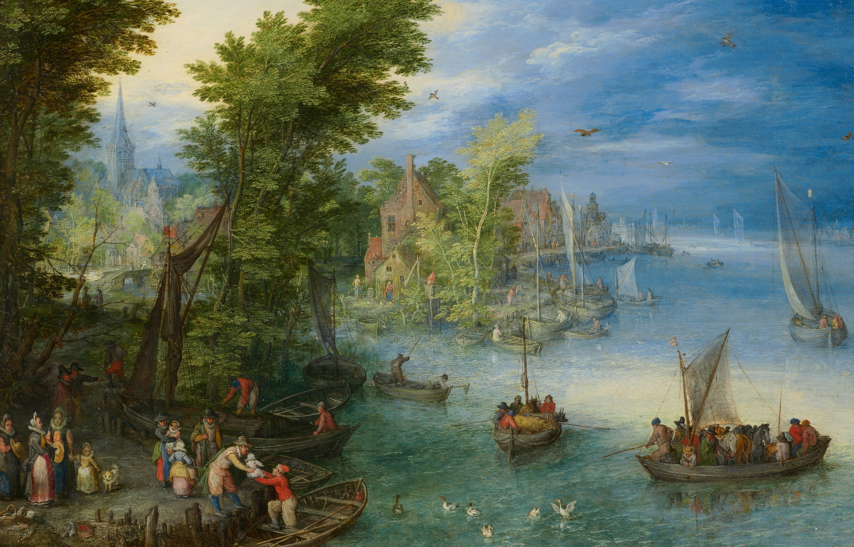 Jan Brueghel the elder, River Landscape, 2K, people, picture, boats, HD Wallpaper